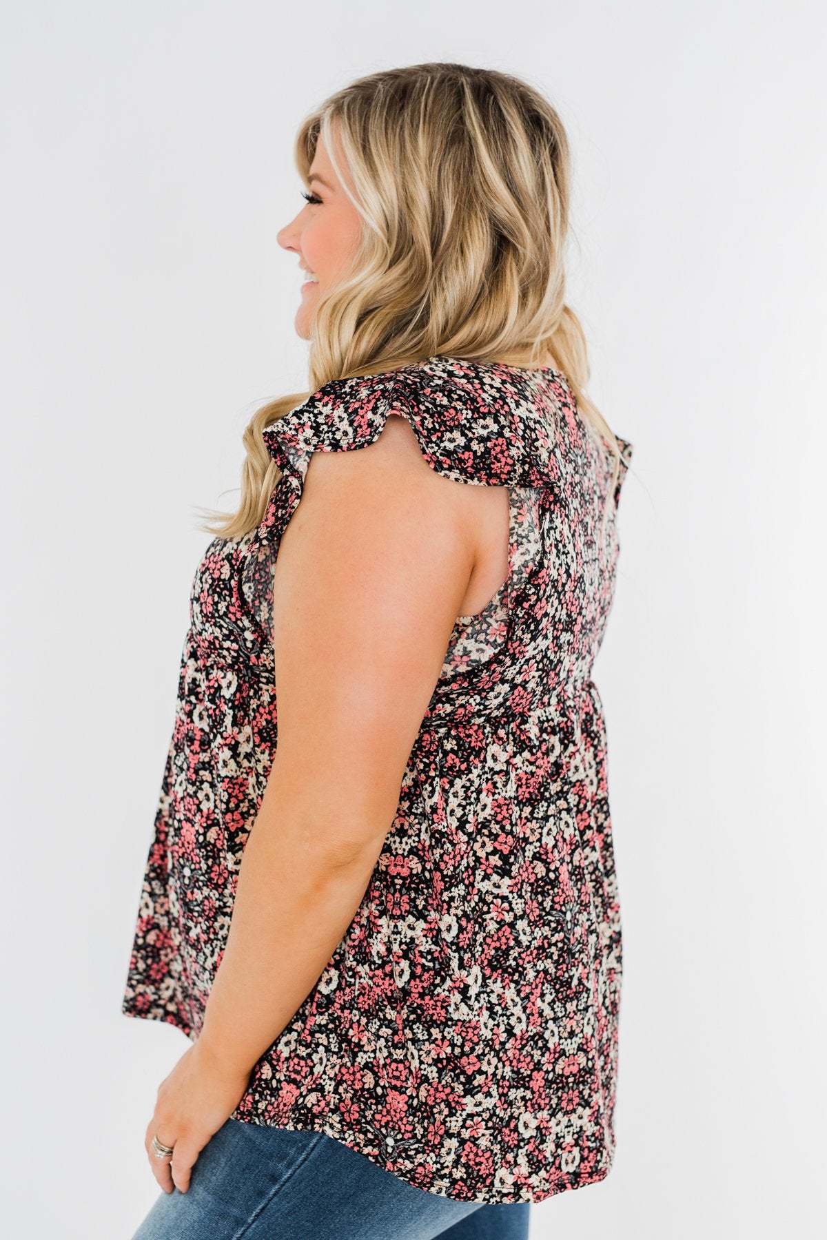 Chase Your Dreams Floral Ruffle Top- Black & Pink