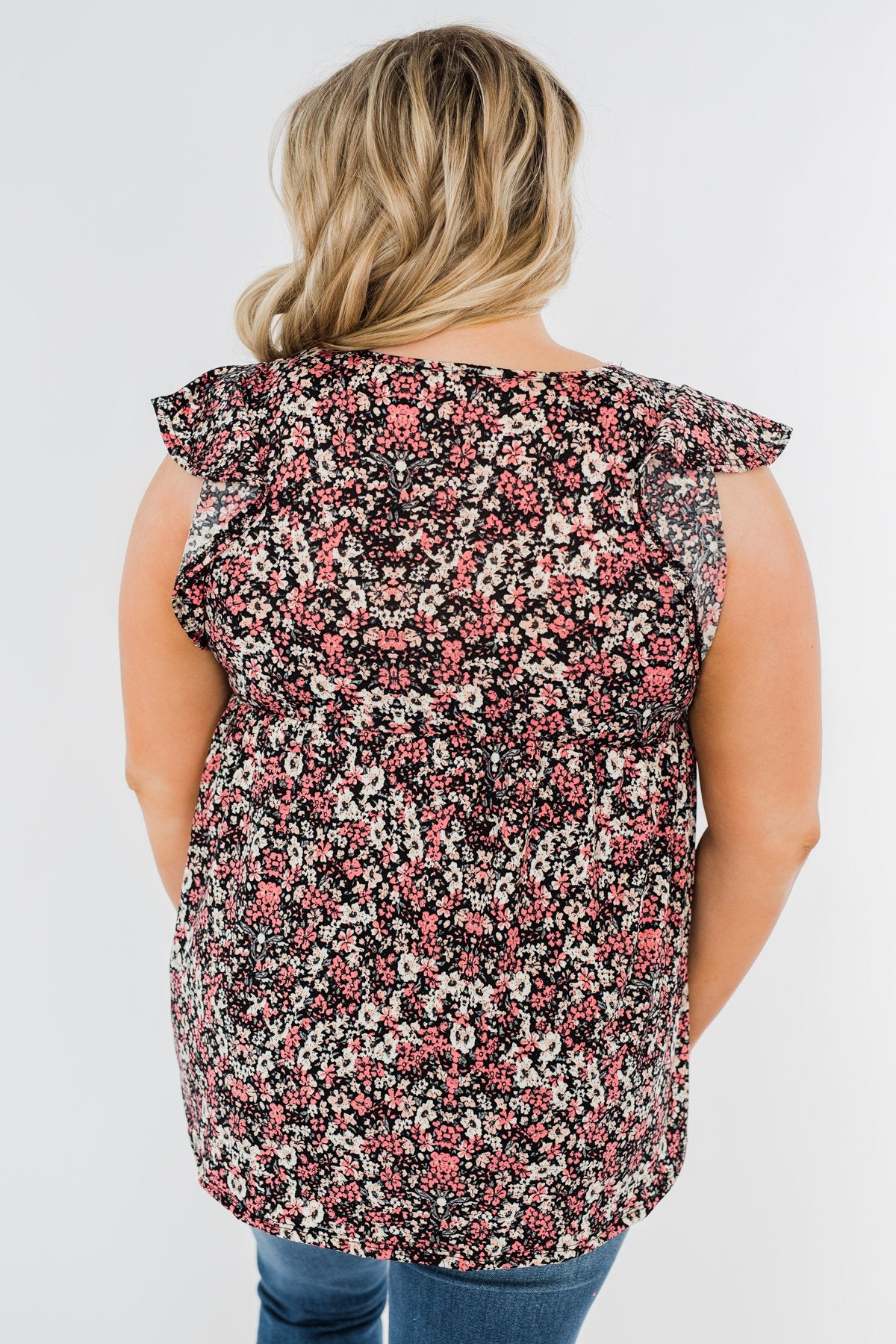 Chase Your Dreams Floral Ruffle Top- Black & Pink