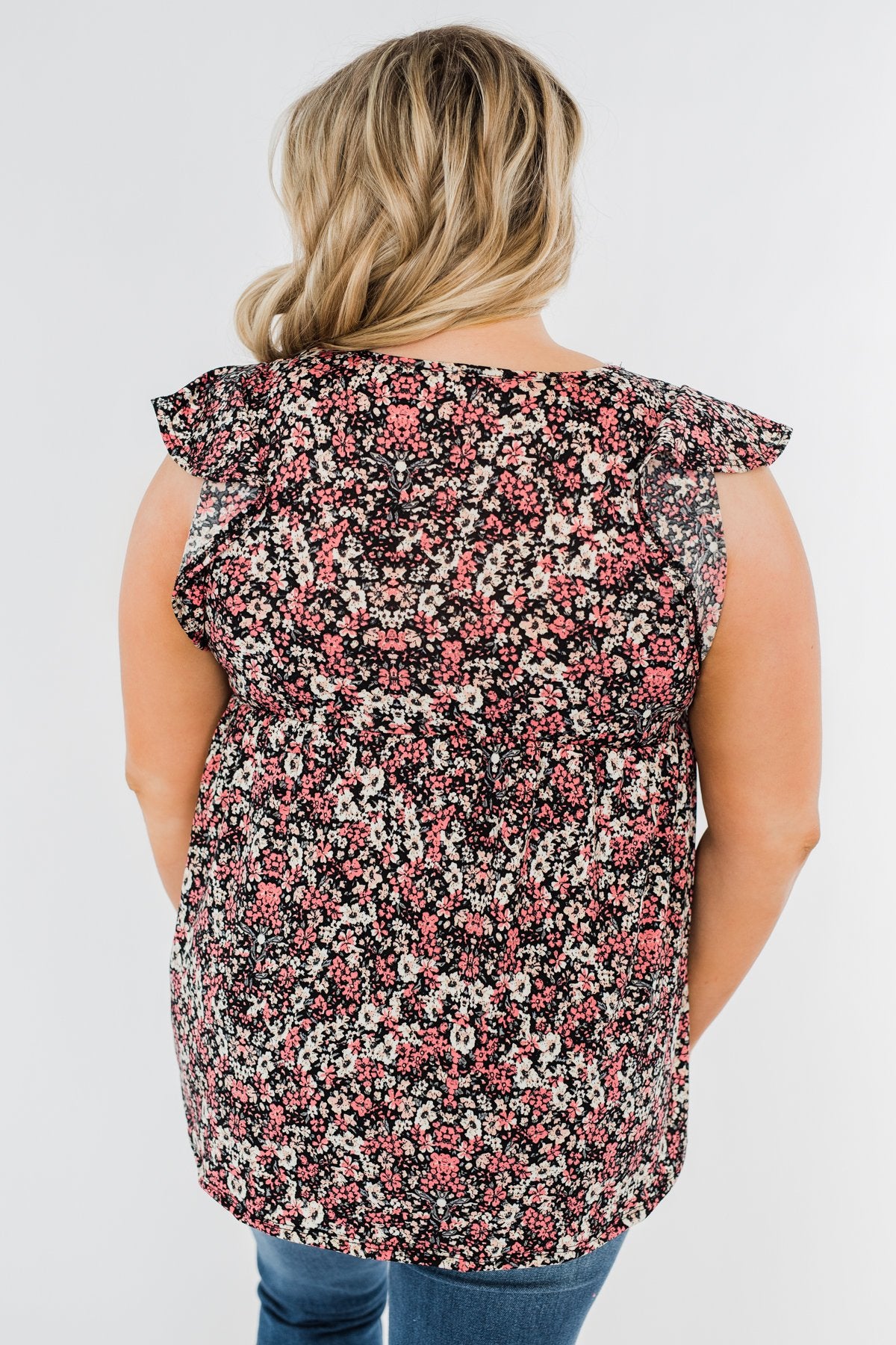 Chase Your Dreams Floral Ruffle Top- Black & Pink