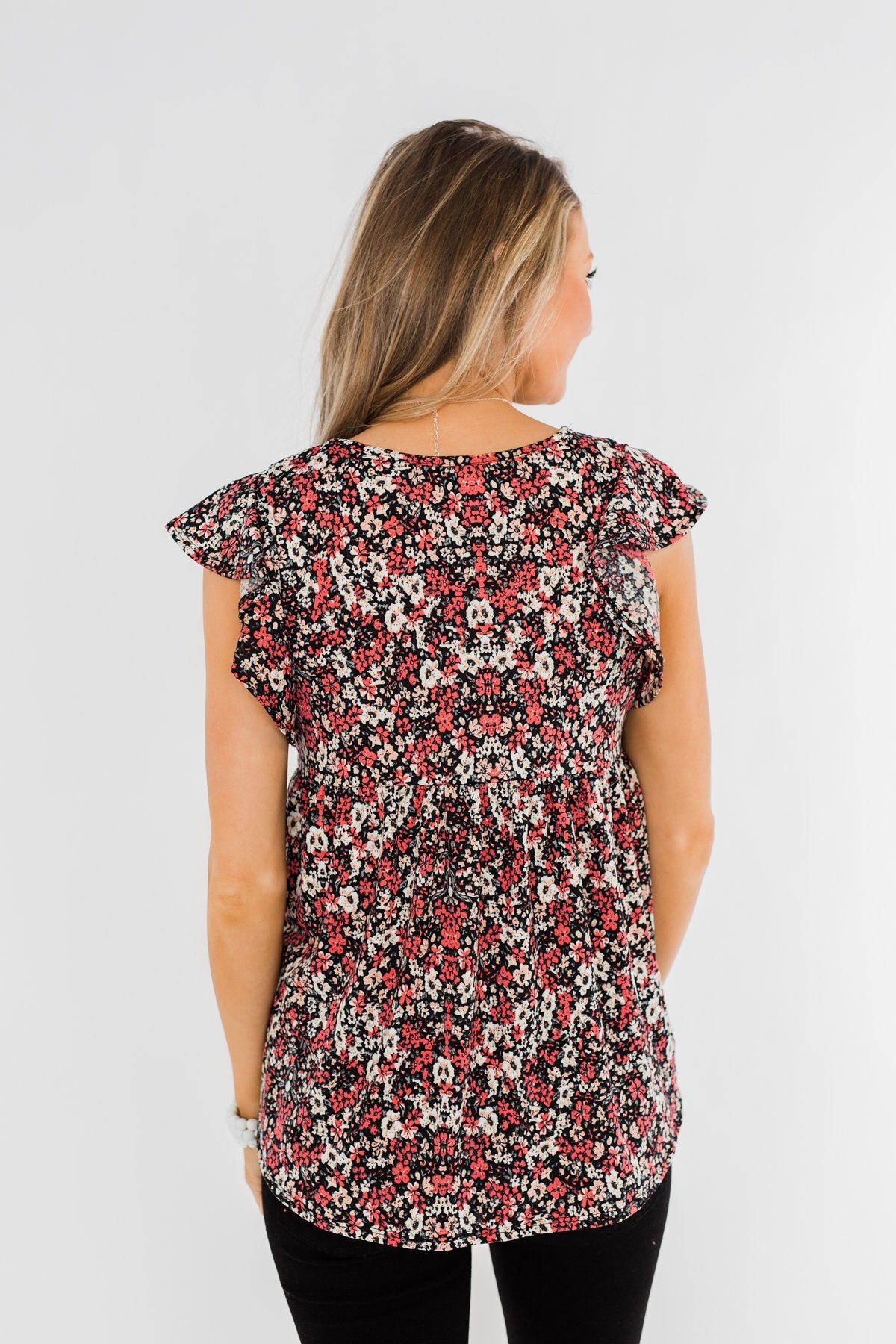 Chase Your Dreams Floral Ruffle Top- Black & Pink