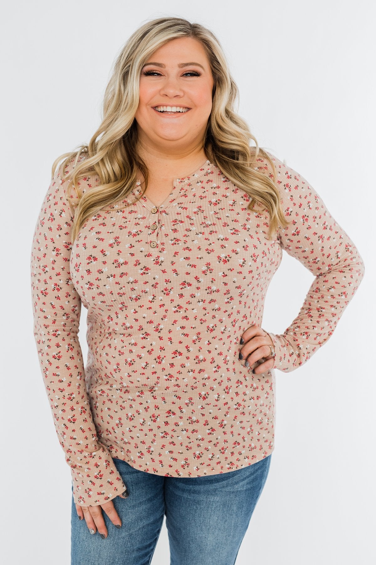Time To Bloom Floral Henley Top- Taupe