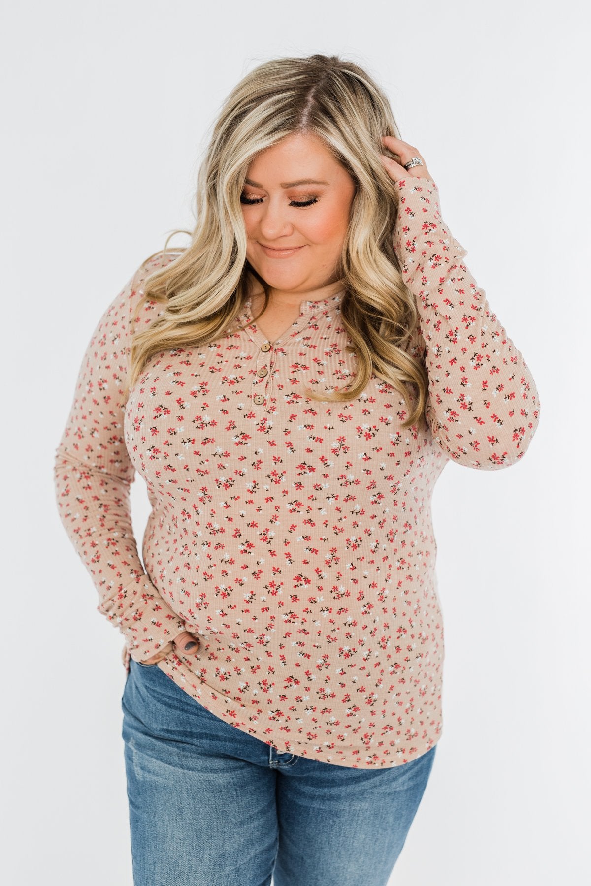 Time To Bloom Floral Henley Top- Taupe