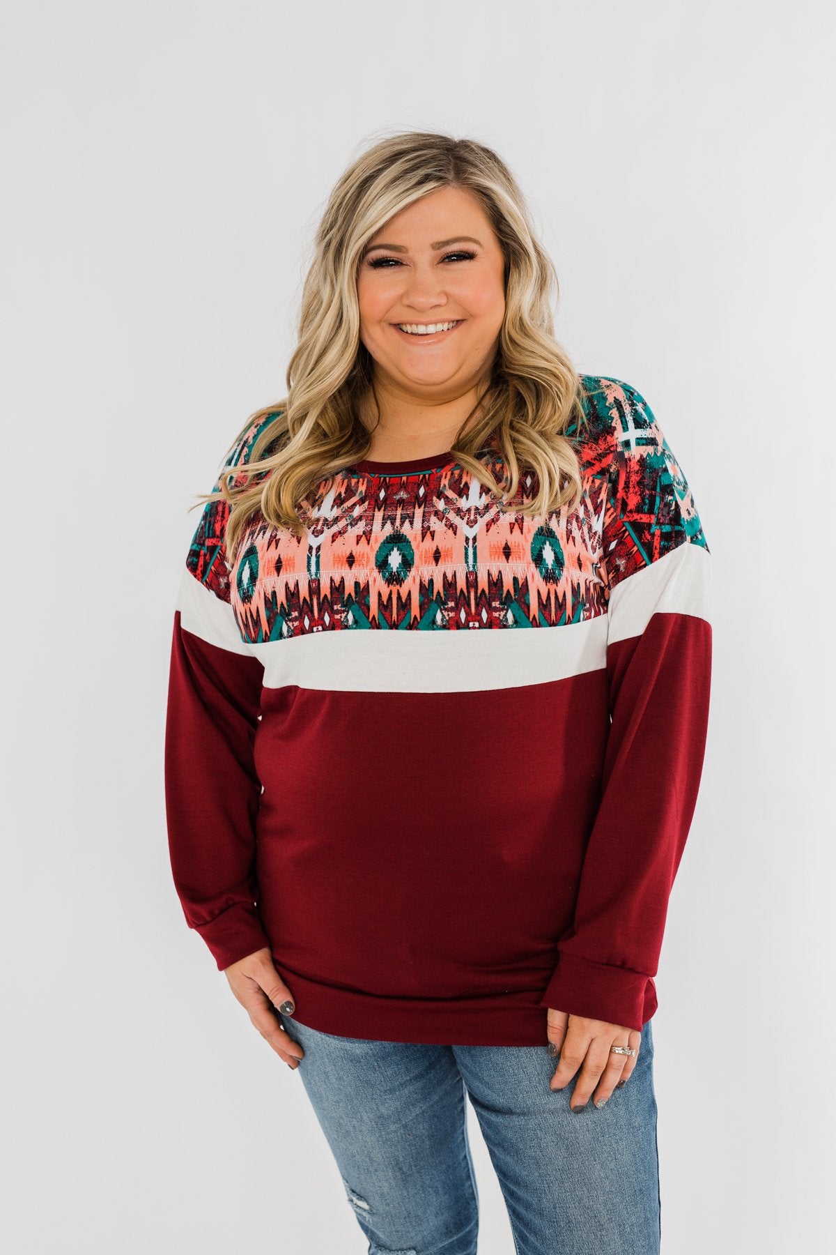 Make Your Day Aztec Pullover Top- Maroon