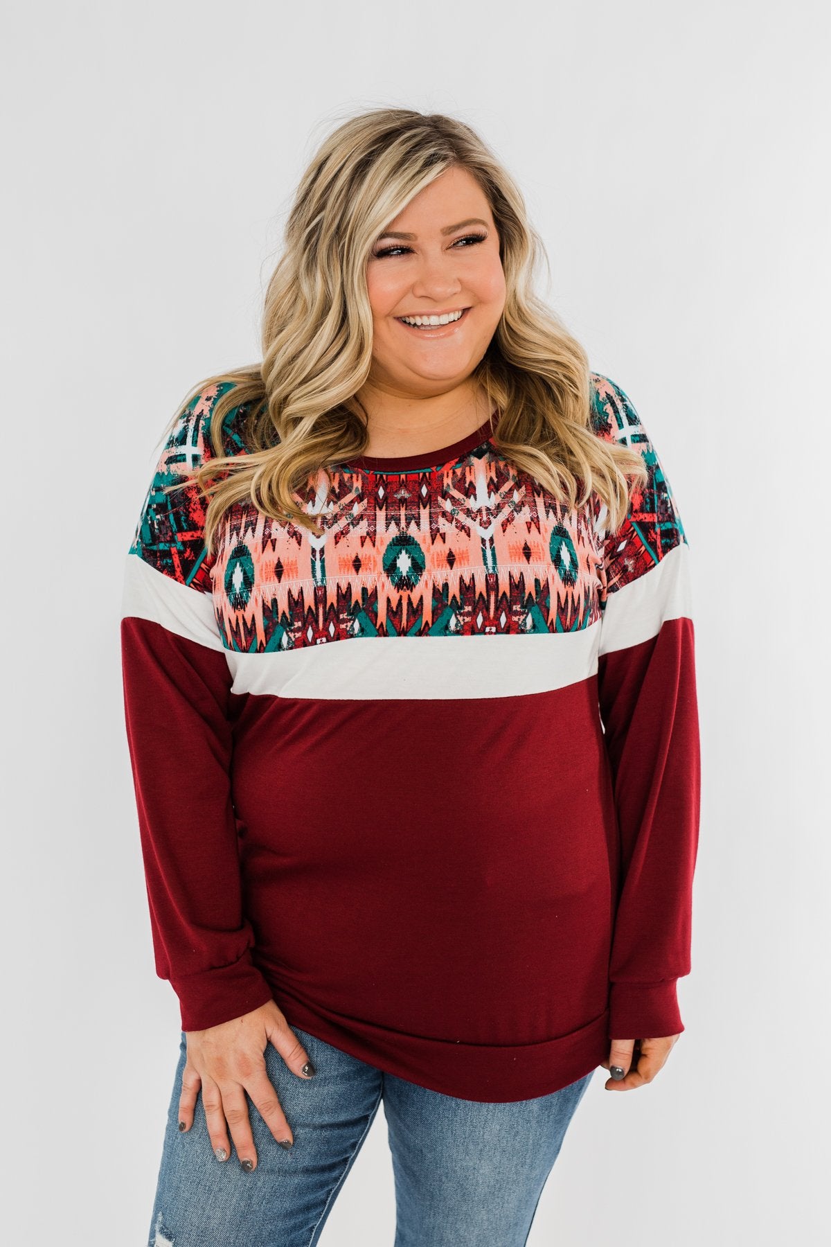 Make Your Day Aztec Pullover Top- Maroon