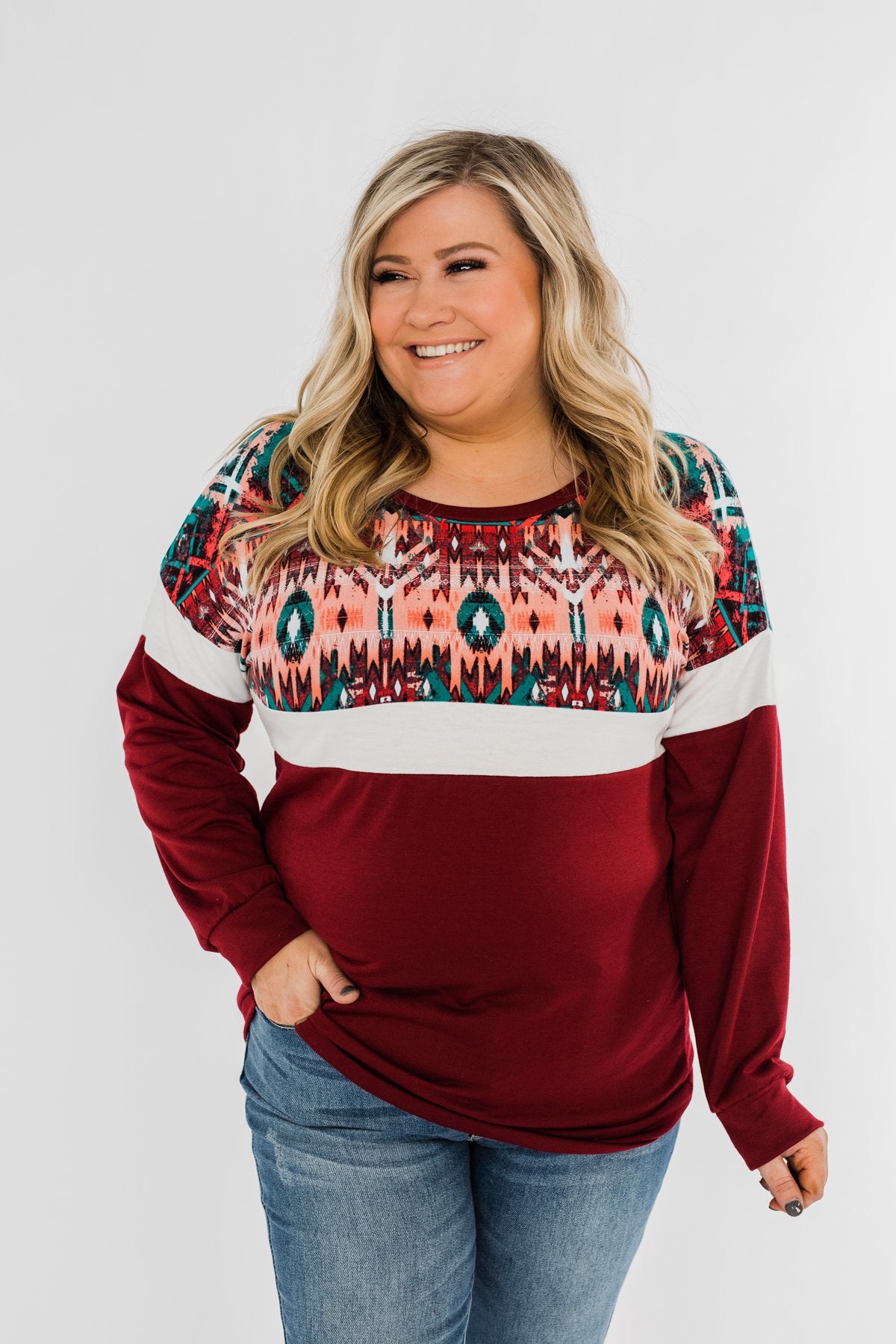 Make Your Day Aztec Pullover Top- Maroon