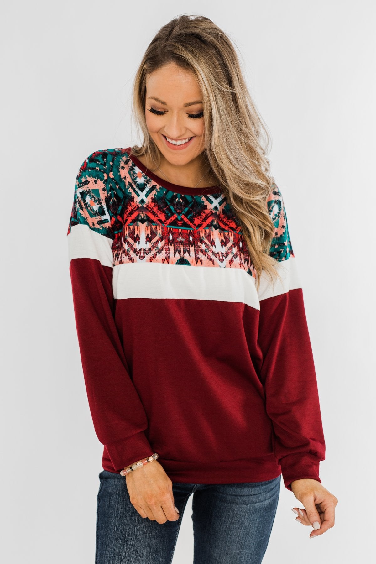 Make Your Day Aztec Pullover Top- Maroon