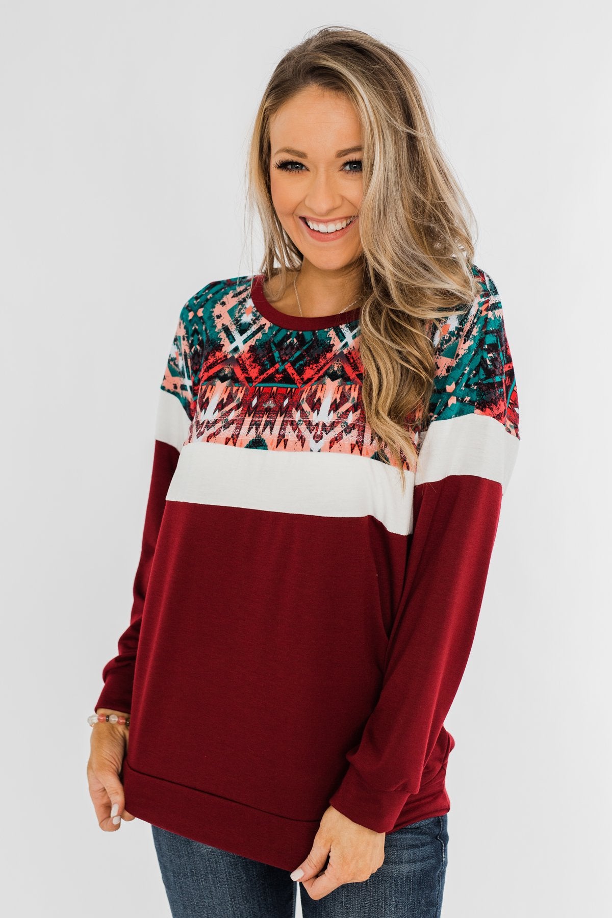 Make Your Day Aztec Pullover Top- Maroon