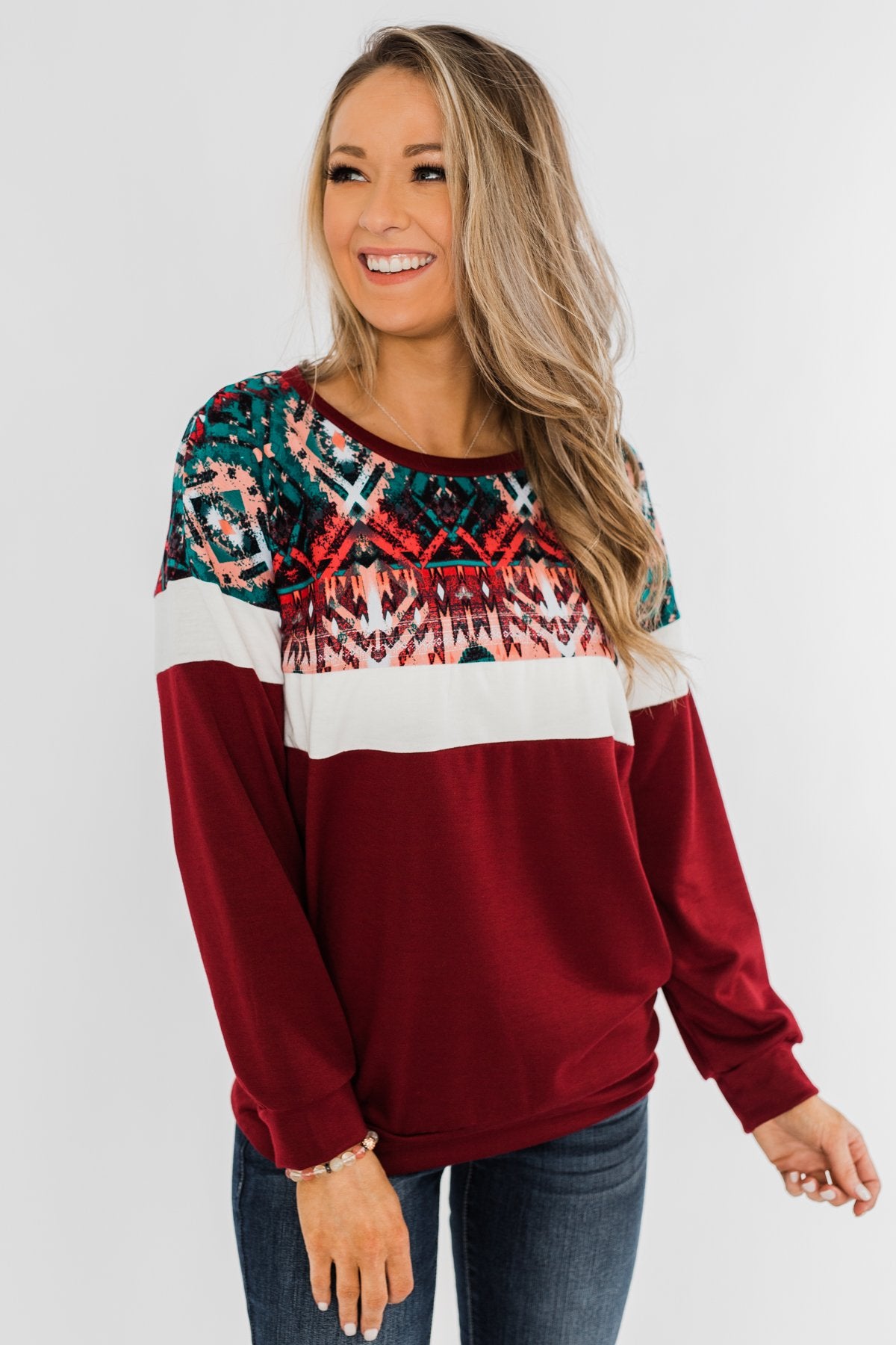 Make Your Day Aztec Pullover Top- Maroon