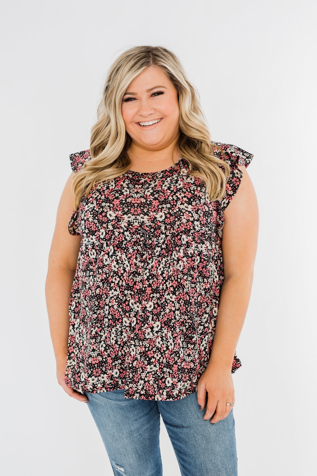 Chase Your Dreams Floral Ruffle Top- Black & Pink