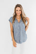 Make Living Fun Striped Button Top- Denim Blue