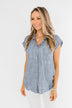 Make Living Fun Striped Button Top- Denim Blue