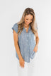 Make Living Fun Striped Button Top- Denim Blue