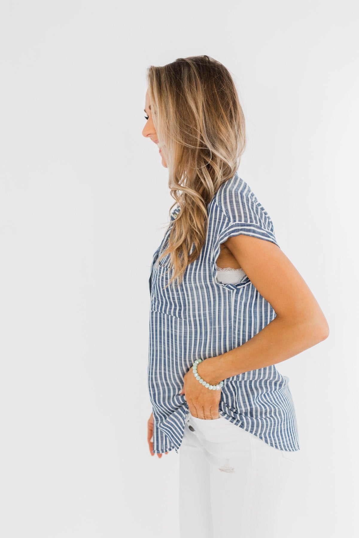 Make Living Fun Striped Button Top- Denim Blue