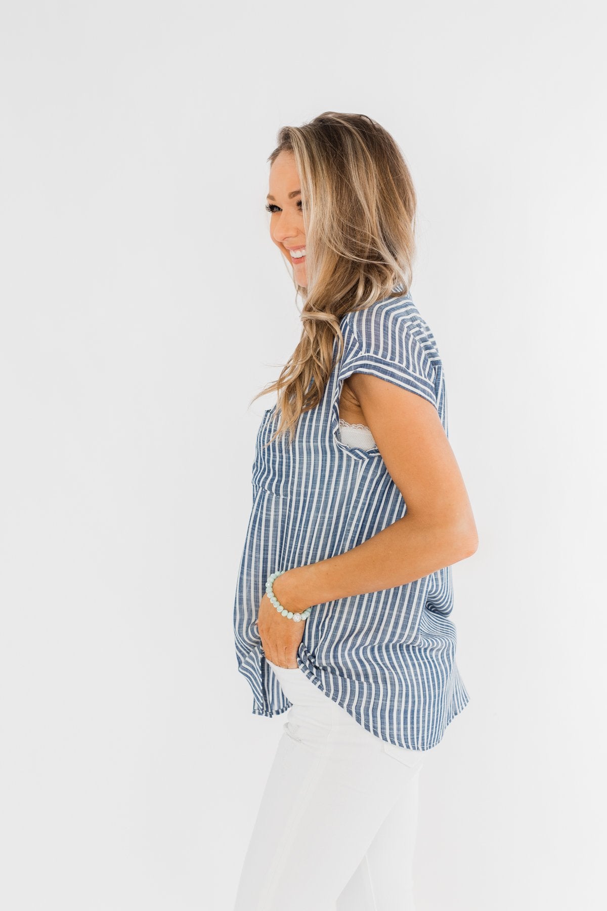 Make Living Fun Striped Button Top- Denim Blue