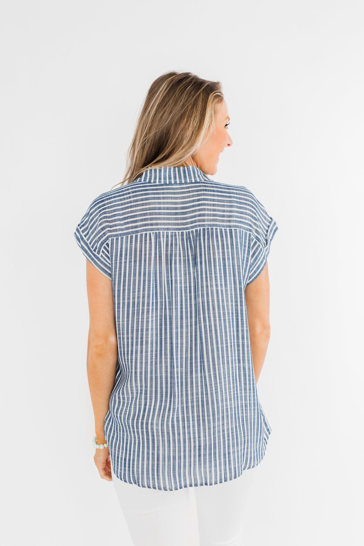 Make Living Fun Striped Button Top- Denim Blue