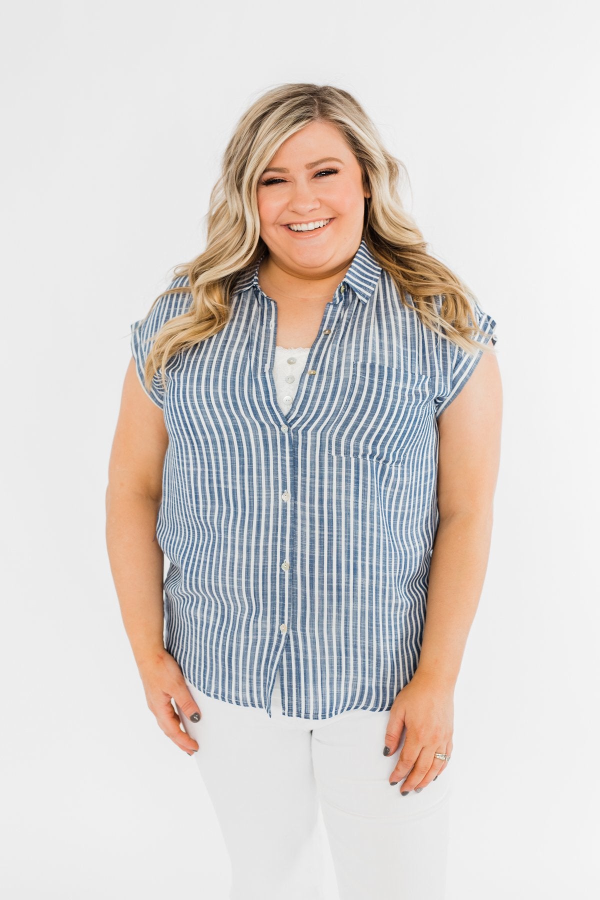 Make Living Fun Striped Button Top- Denim Blue
