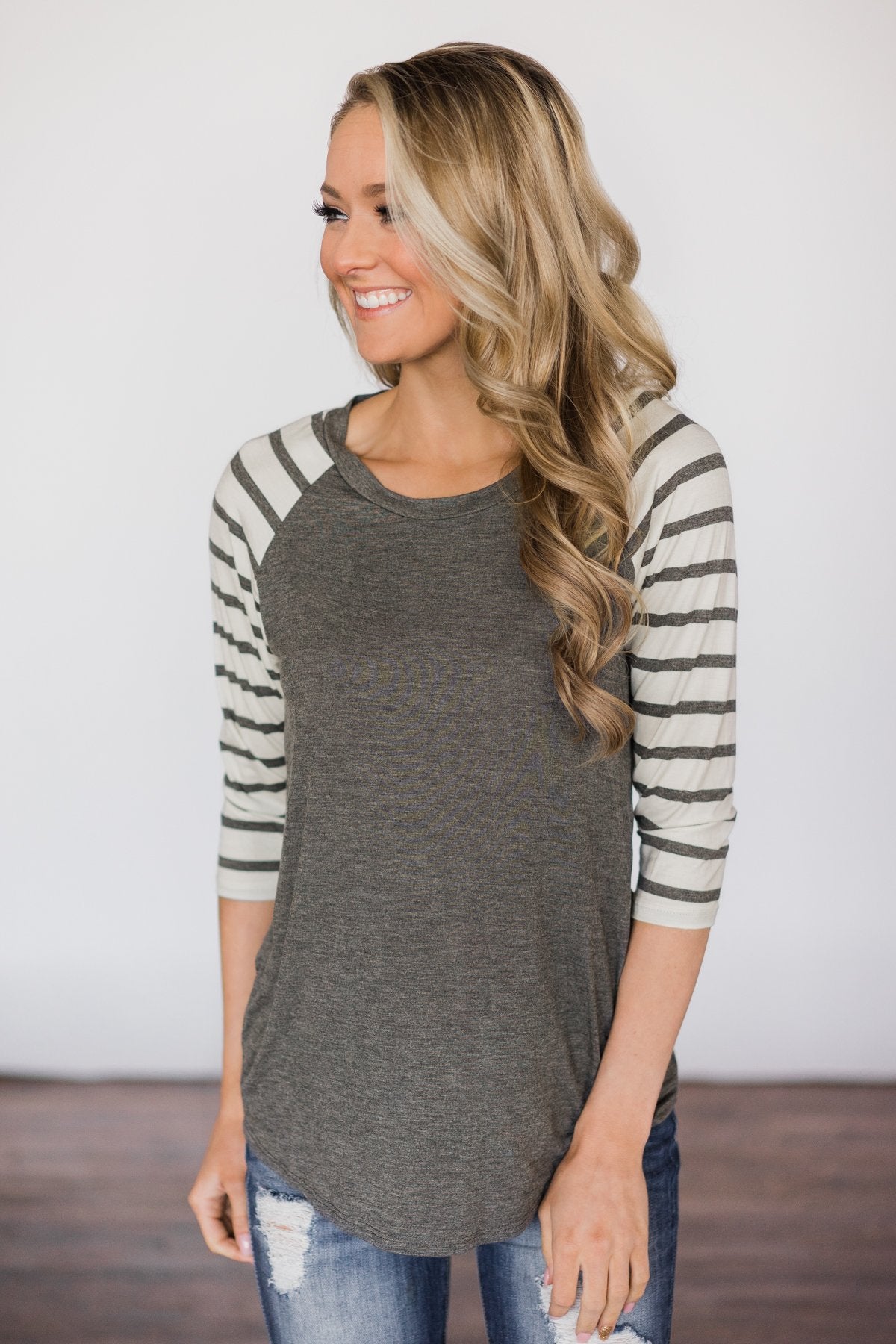 Charcoal Striped Sleeve Top