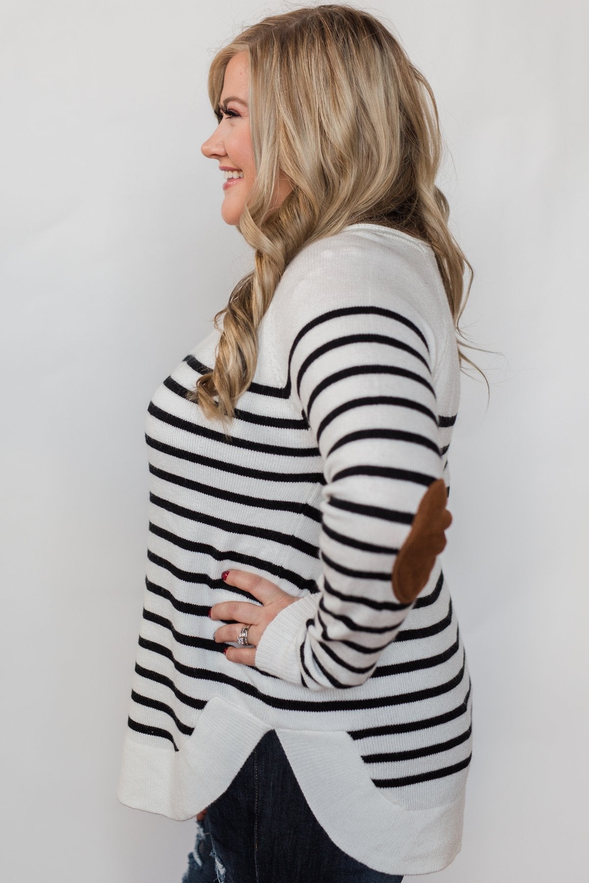 Cozy in Stripes Elbow Patch Sweater - Black & White
