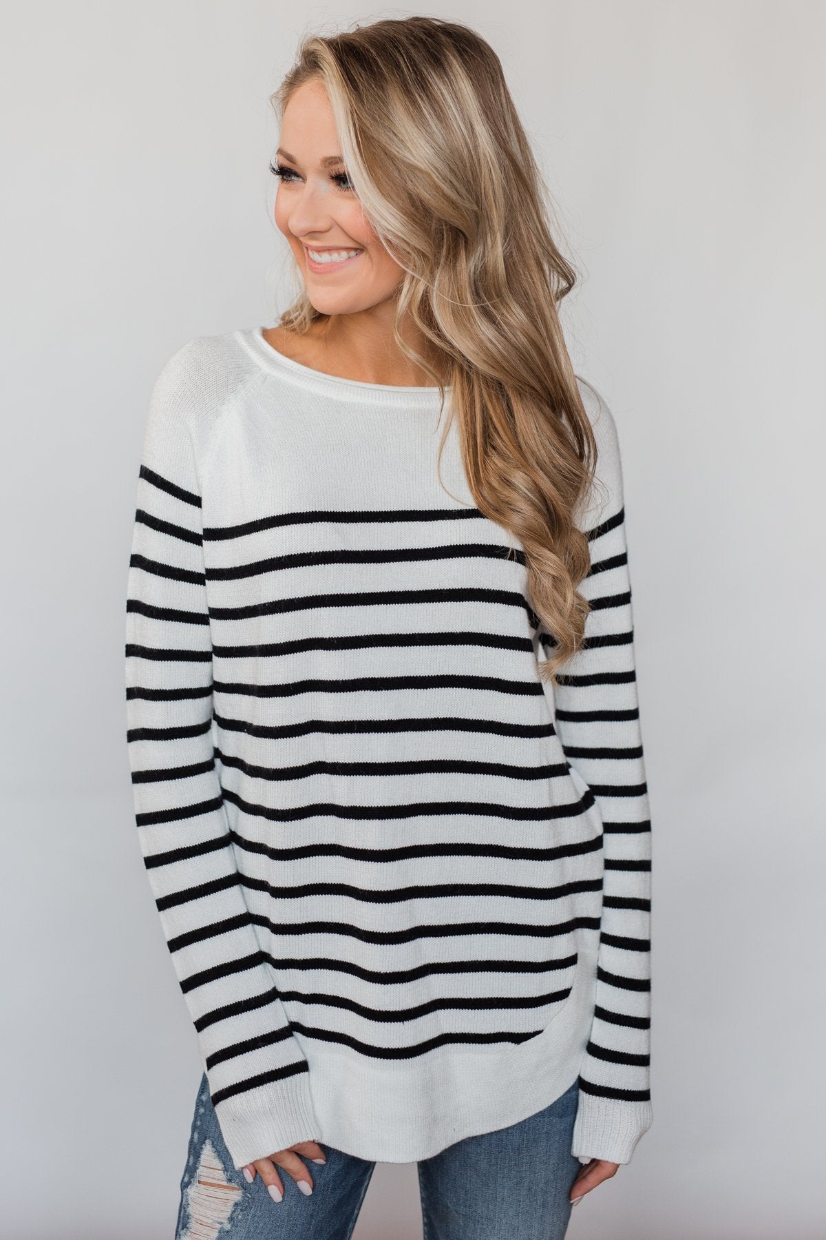 Cozy in Stripes Elbow Patch Sweater - Black & White