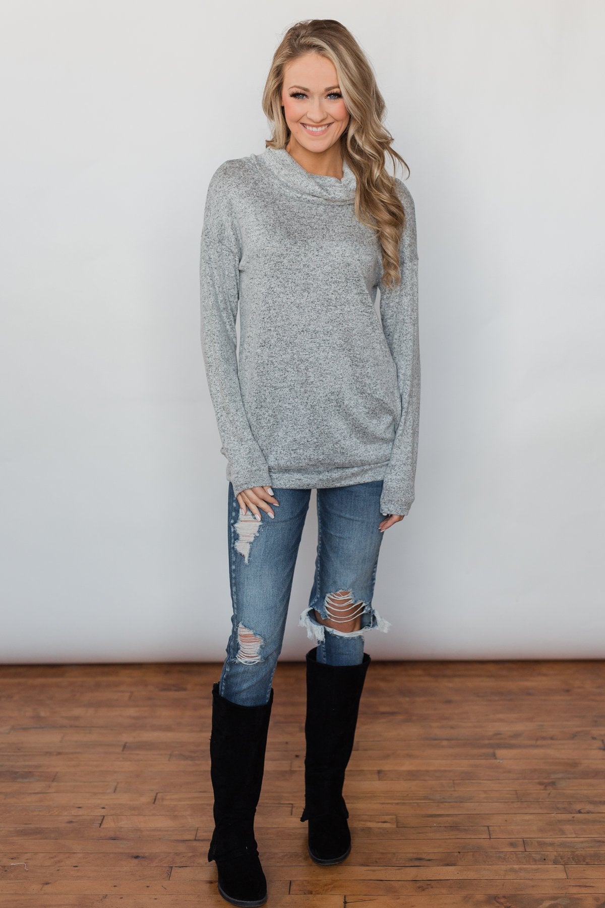 Bad At Love Cowl Neck Top- Heather Grey