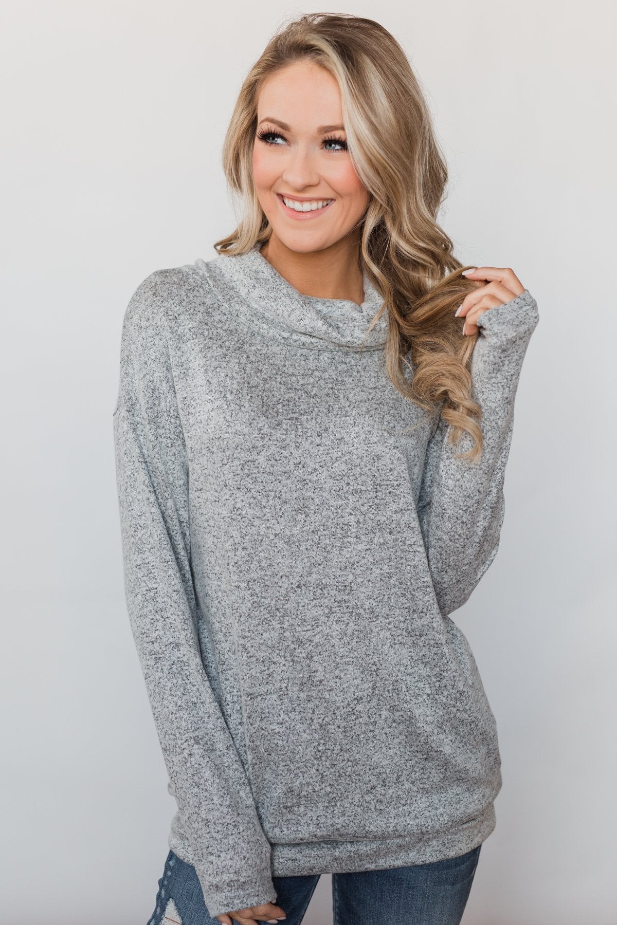 Bad At Love Cowl Neck Top- Heather Grey