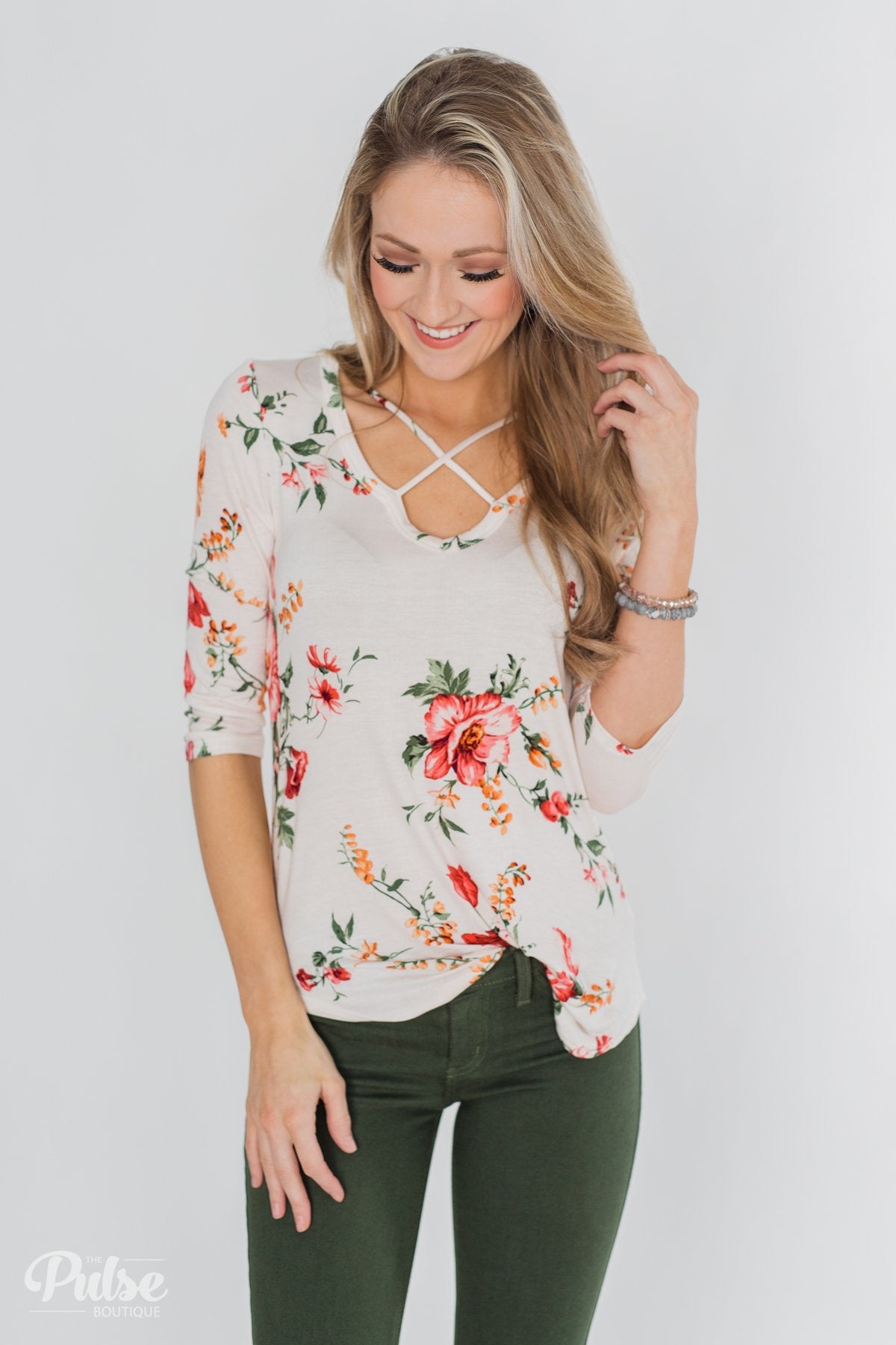 Across The Way Floral 3/4 Sleeve Top- Light Blush