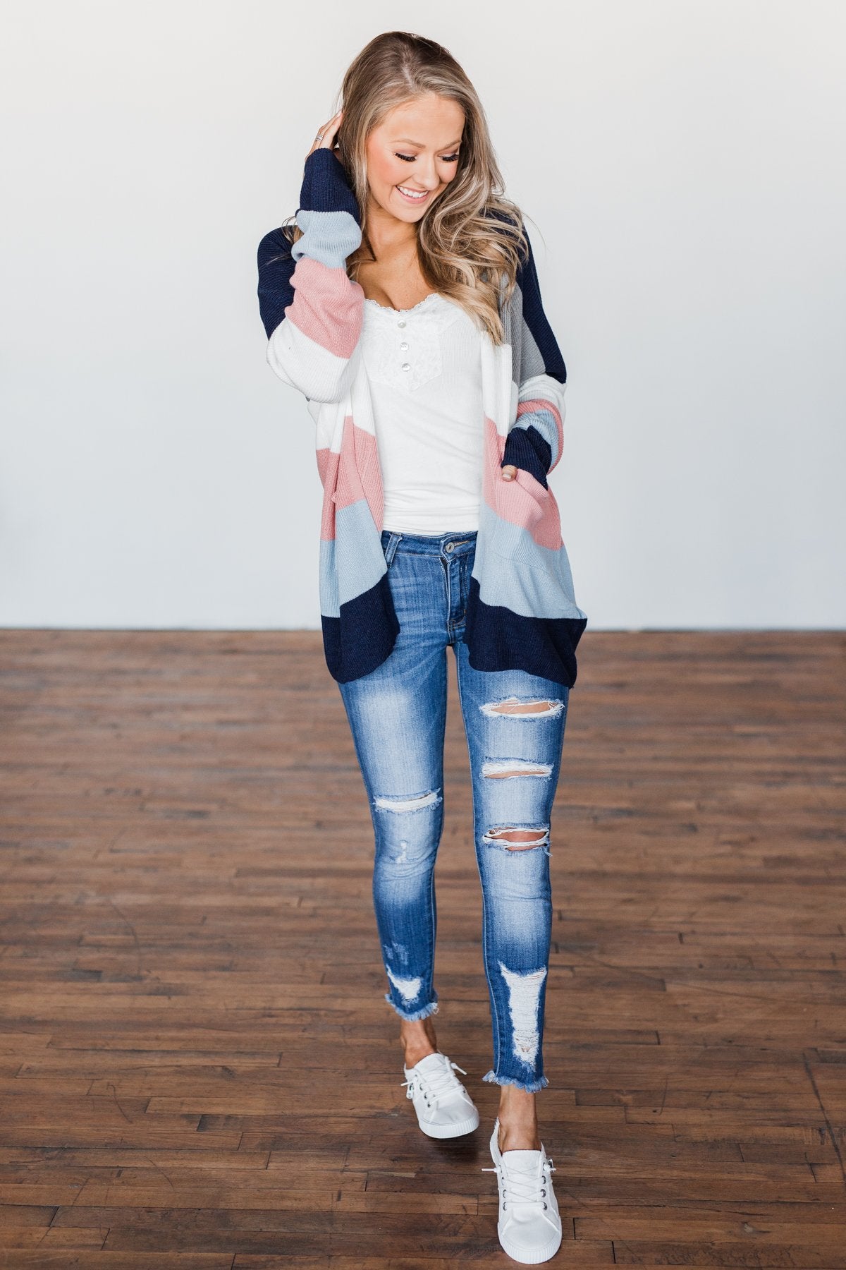 All Day Delight Knitted Cardigan- Grey, Pink, & Blue Tones