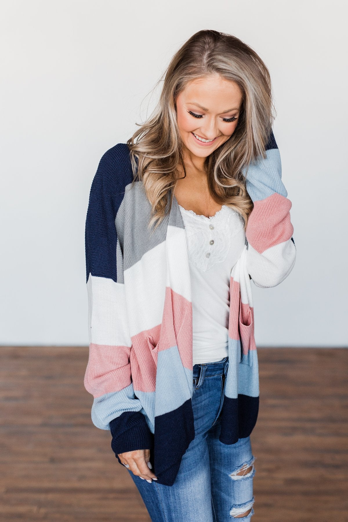 All Day Delight Knitted Cardigan- Grey, Pink, & Blue Tones
