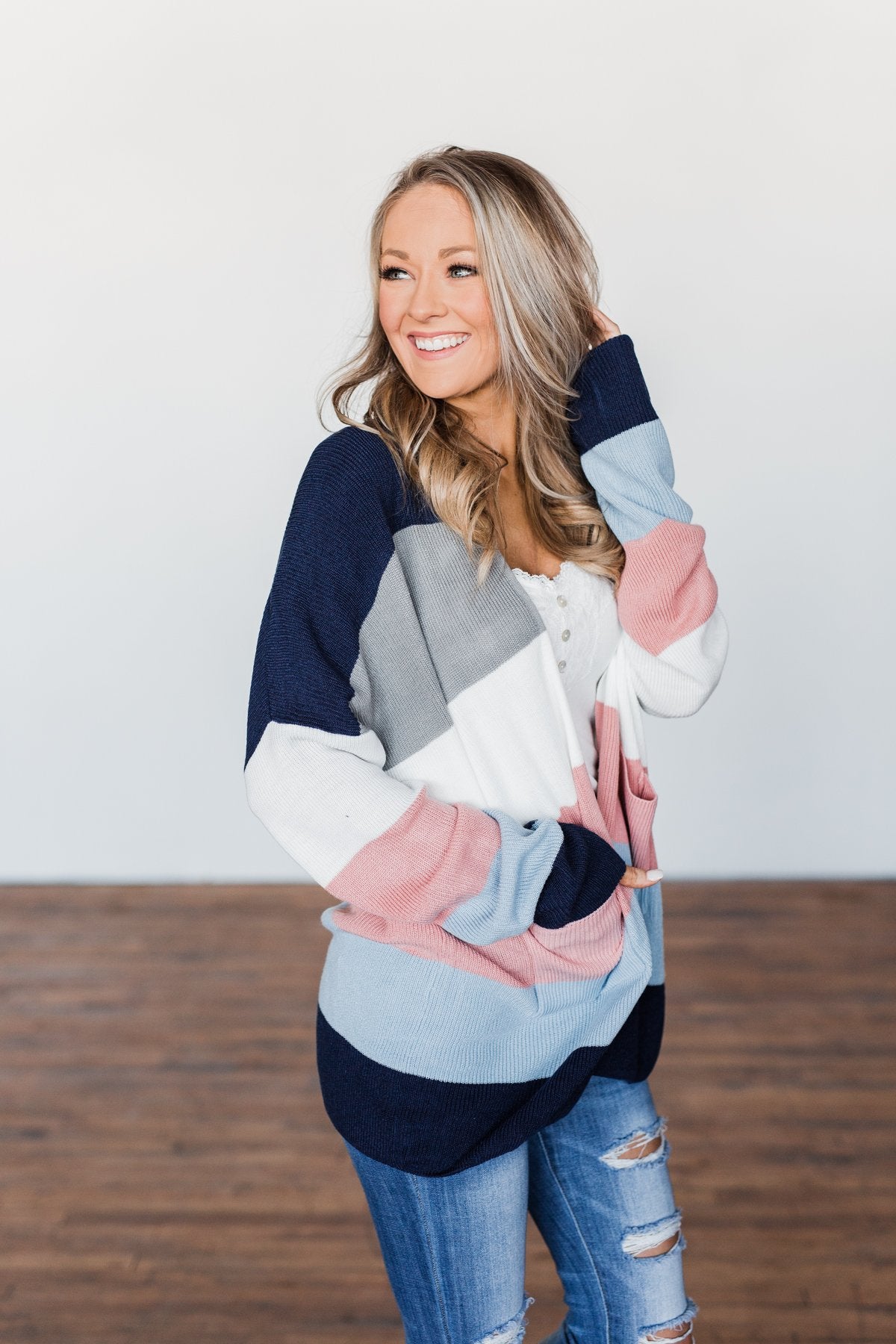 All Day Delight Knitted Cardigan- Grey, Pink, & Blue Tones