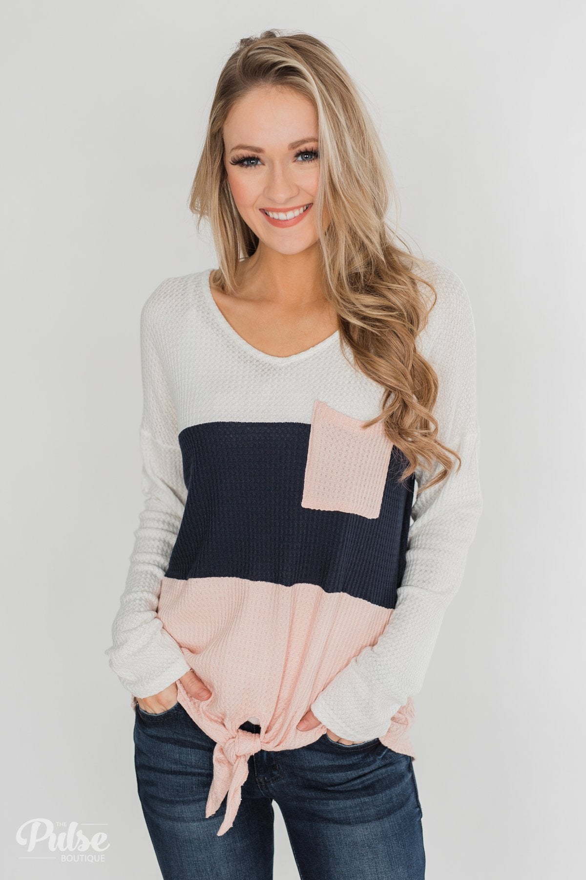 Color Block Waffle Knot Top - Navy & Blush