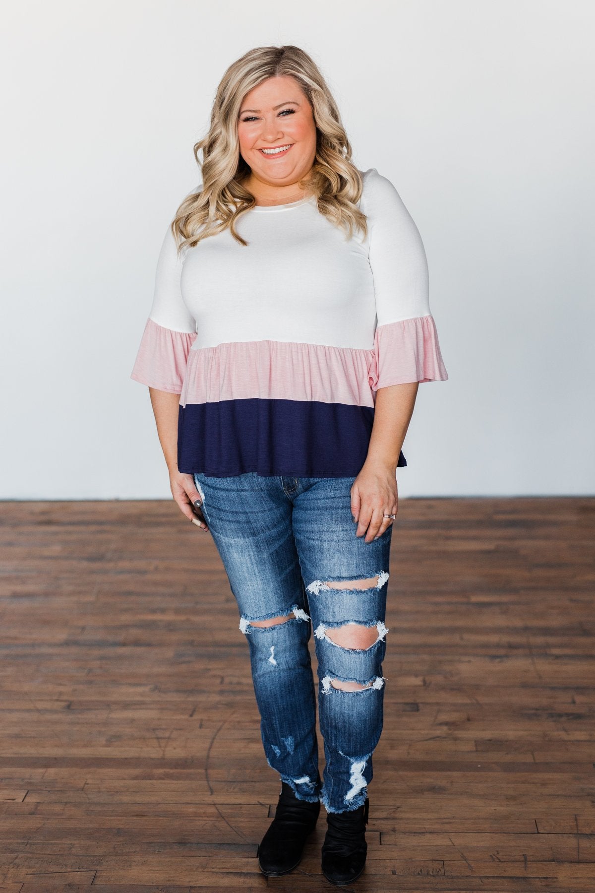 Believe In Magic Ruffle Top- Ivory, Blush, & Navy