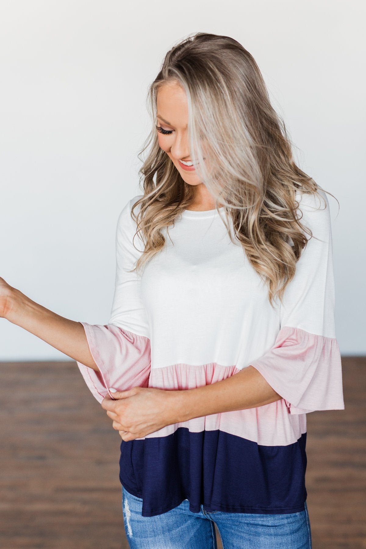 Believe In Magic Ruffle Top- Ivory, Blush, & Navy
