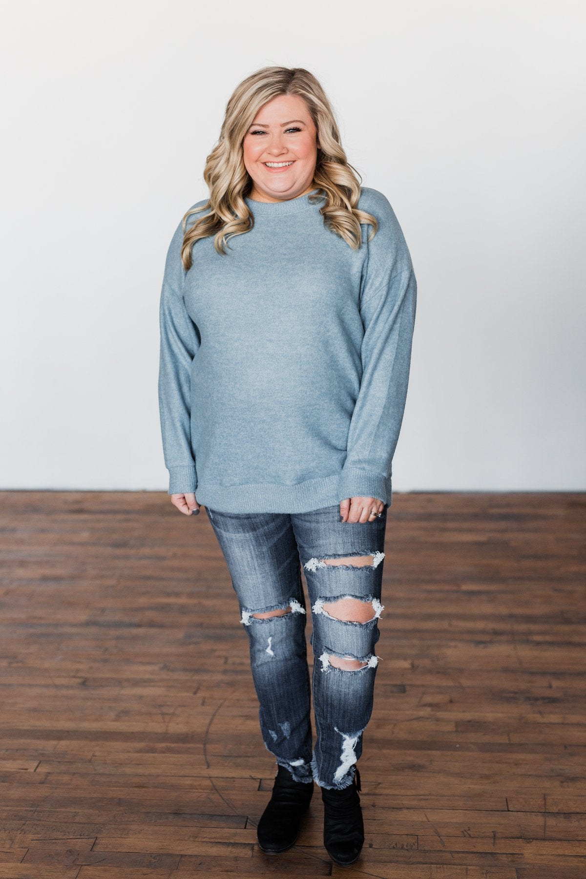 Another Day Long Sleeve Knit Sweater- Blue