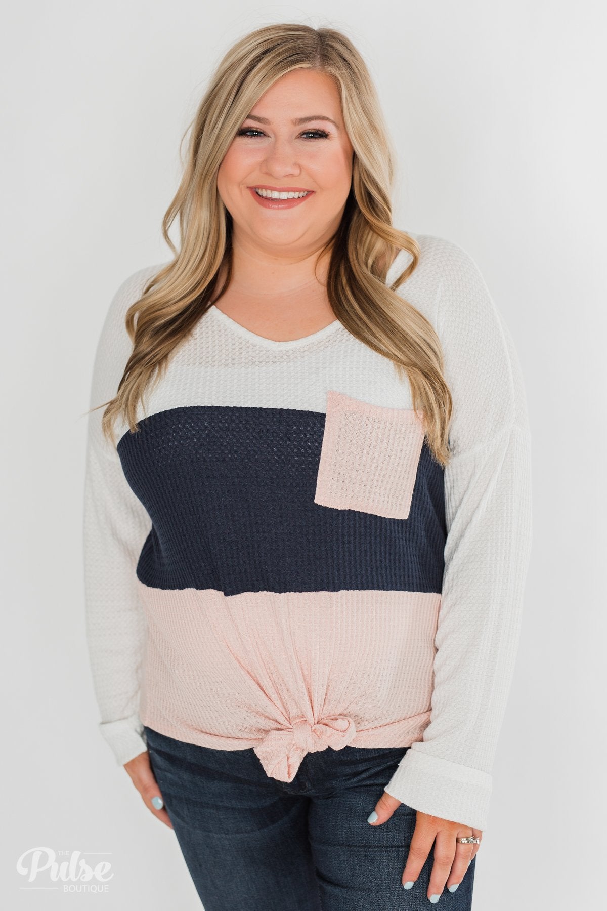 Color Block Waffle Knot Top - Navy & Blush