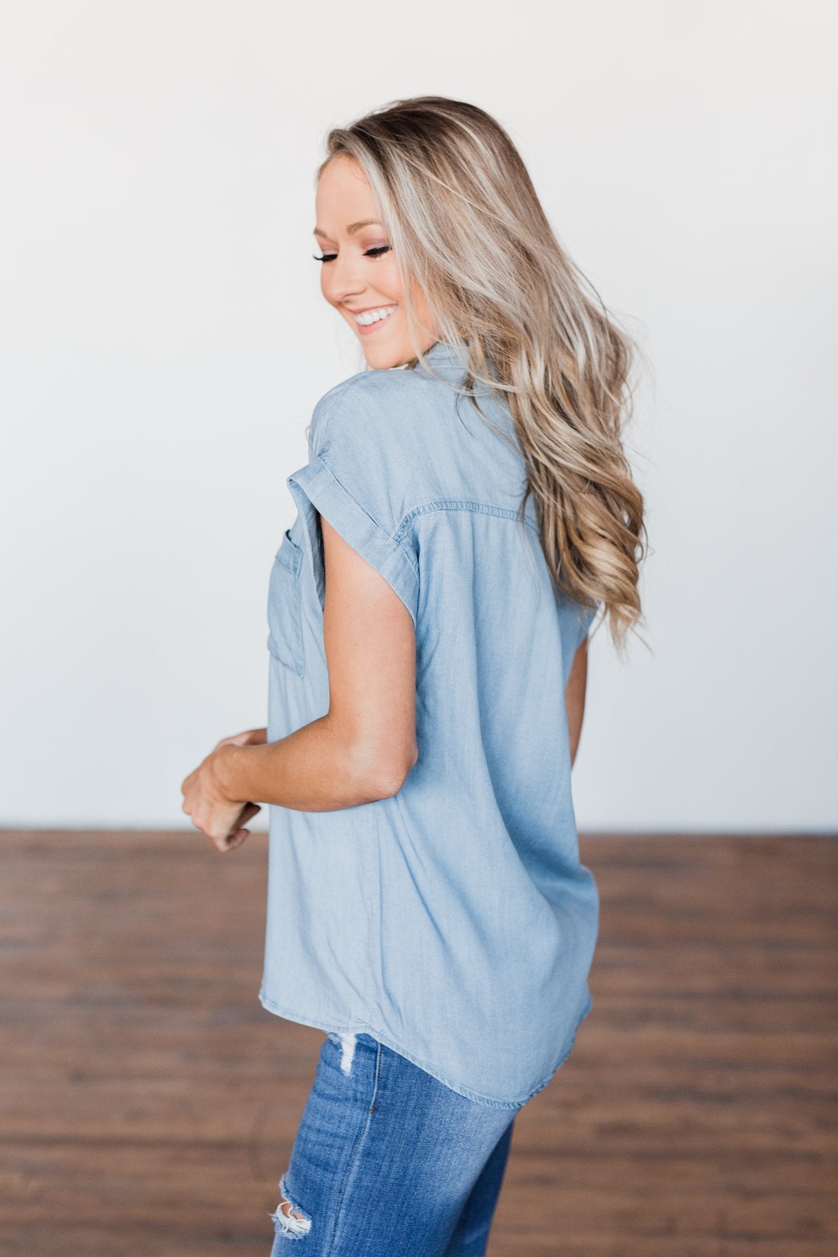 Walk With Me Button Top- Chambray