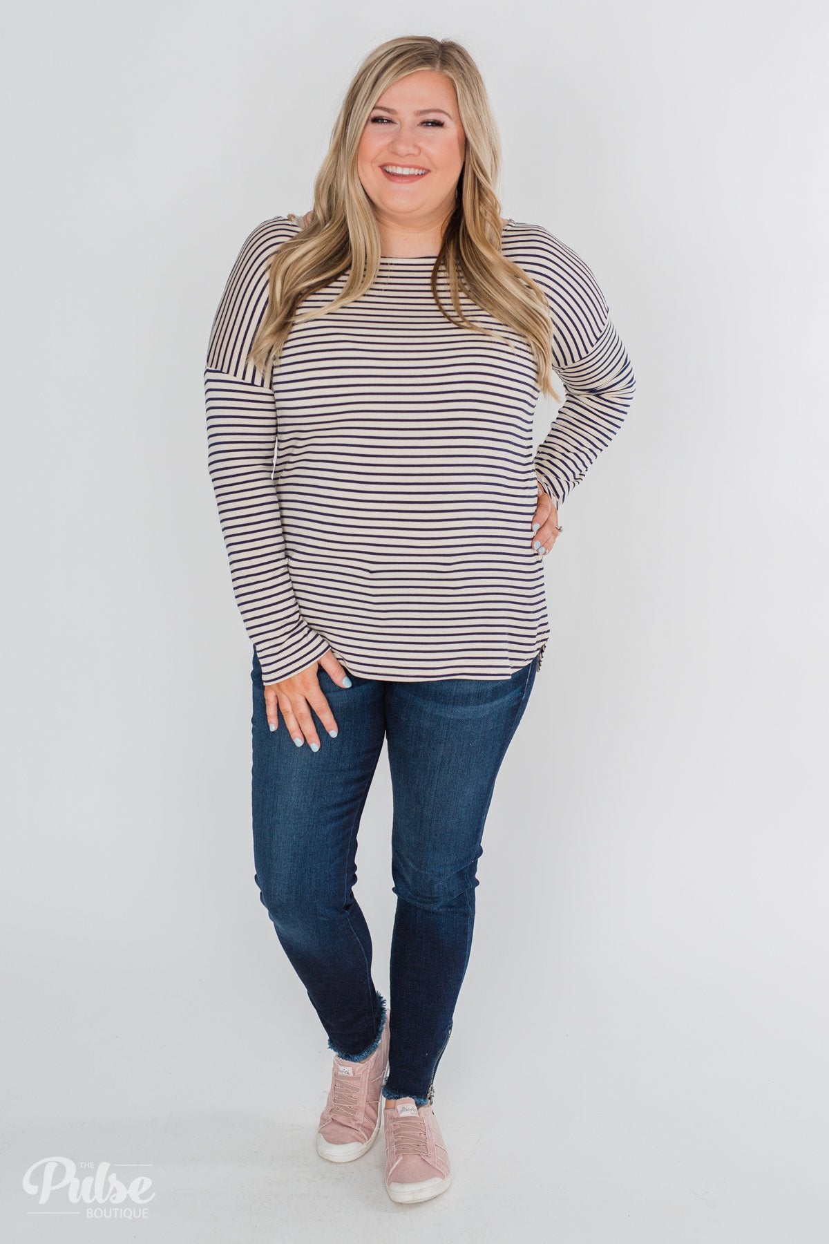 One Shoulder Dolman Striped Top- Beige & Navy