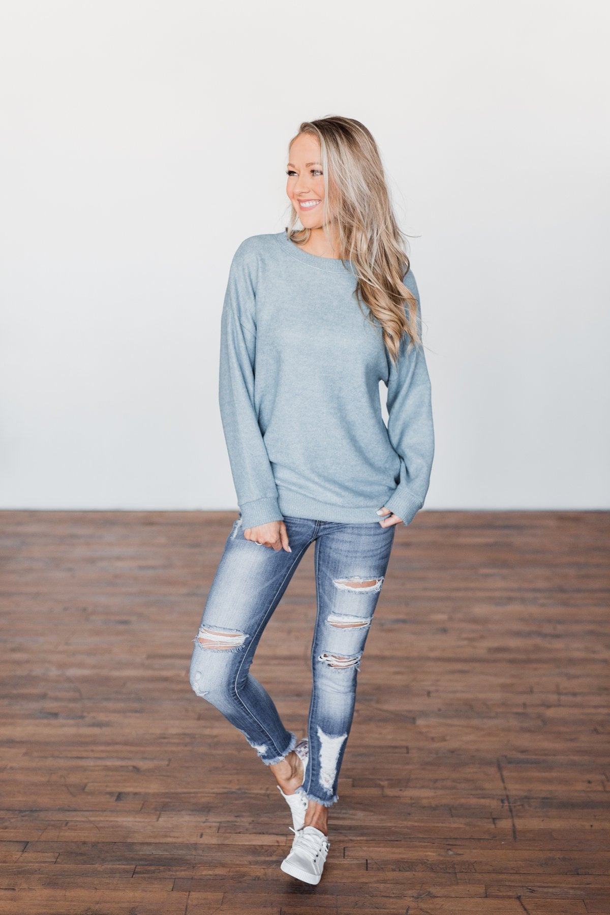 Another Day Long Sleeve Knit Sweater- Blue