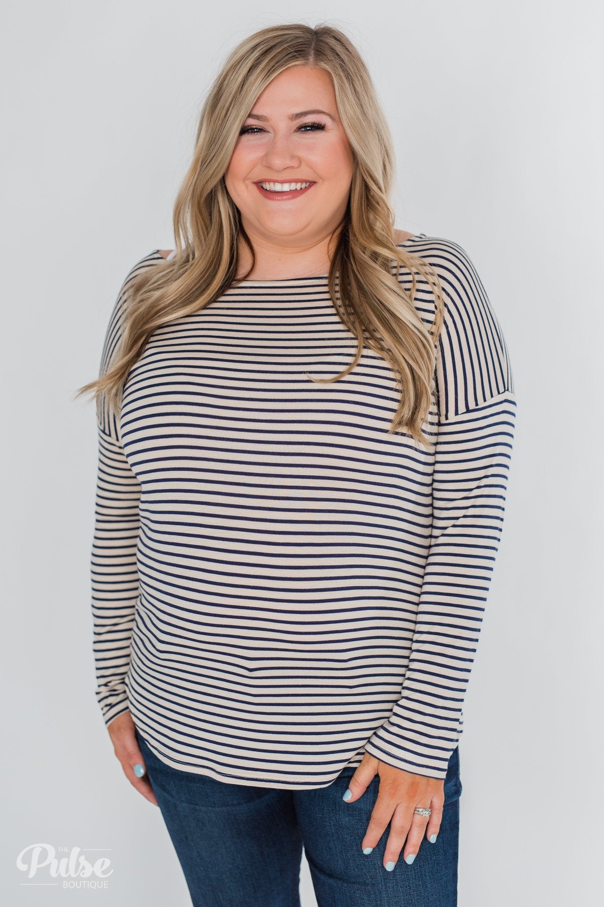 One Shoulder Dolman Striped Top- Beige & Navy