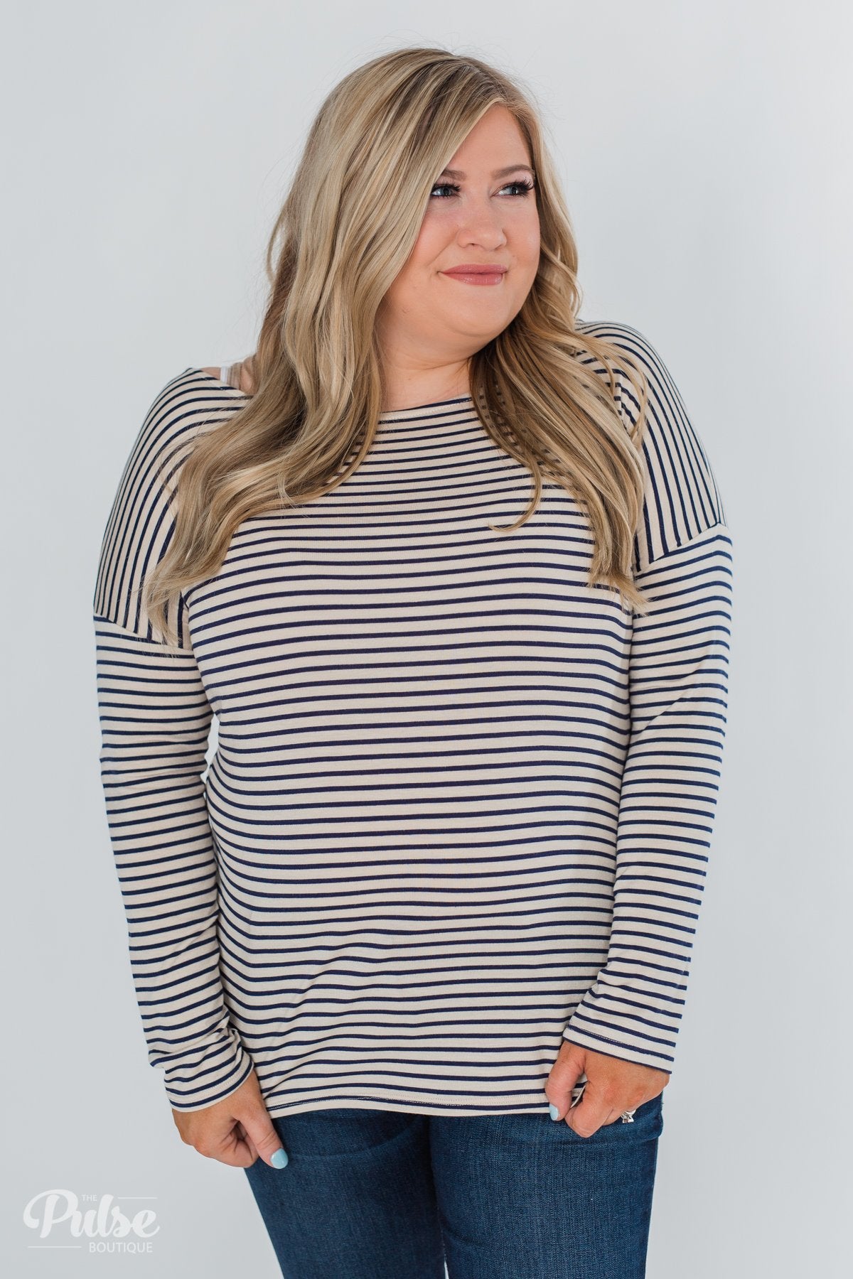One Shoulder Dolman Striped Top- Beige & Navy