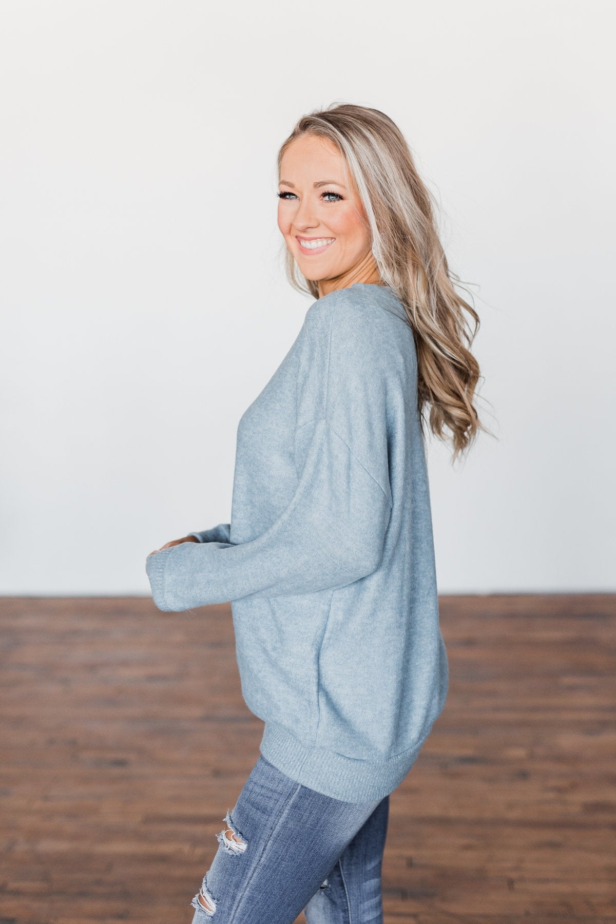 Another Day Long Sleeve Knit Sweater- Blue