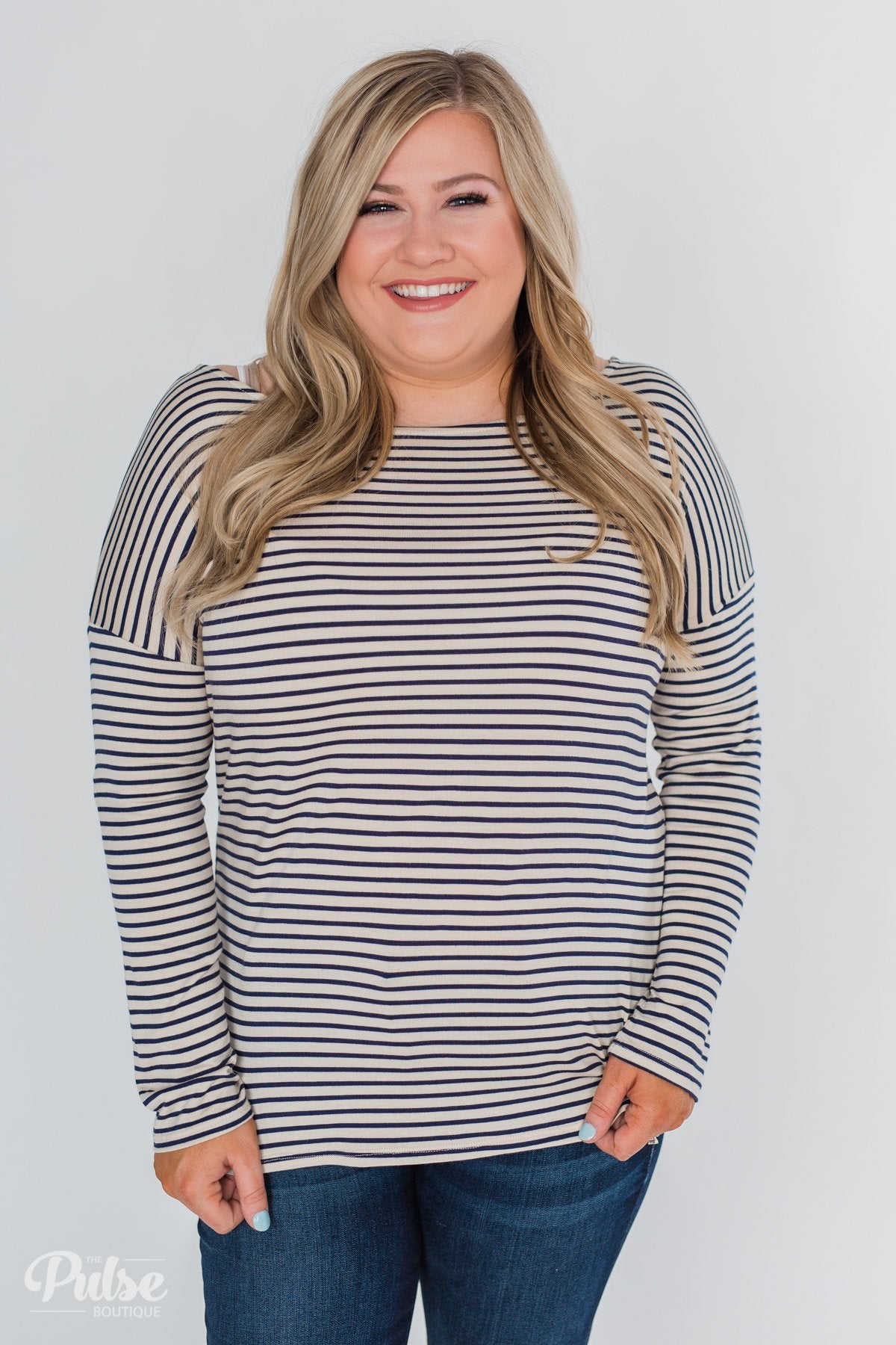 One Shoulder Dolman Striped Top- Beige & Navy
