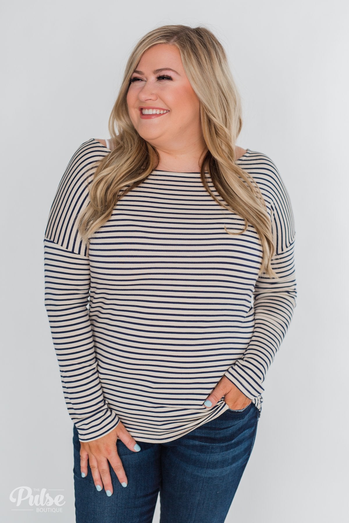 One Shoulder Dolman Striped Top- Beige & Navy