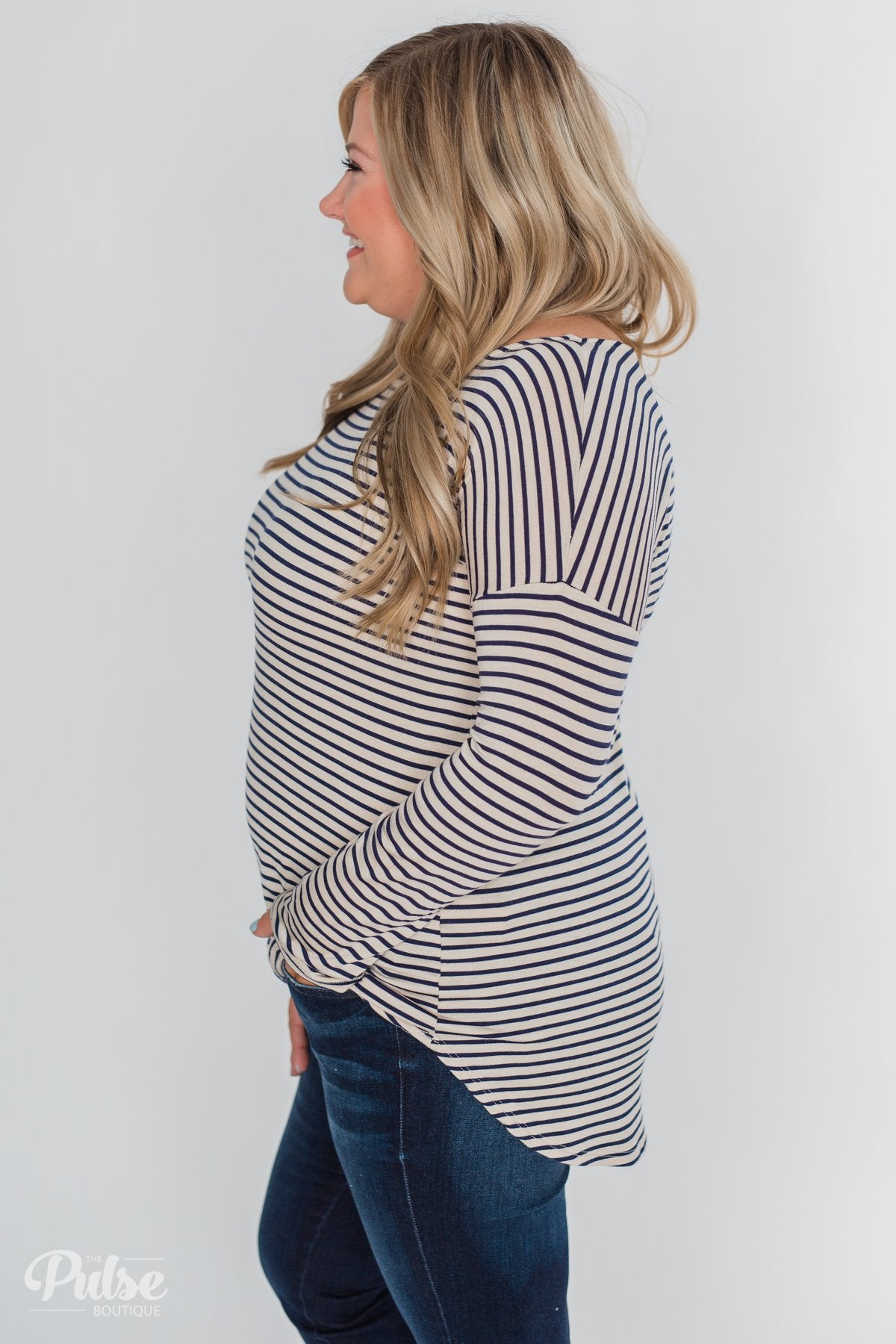 One Shoulder Dolman Striped Top- Beige & Navy