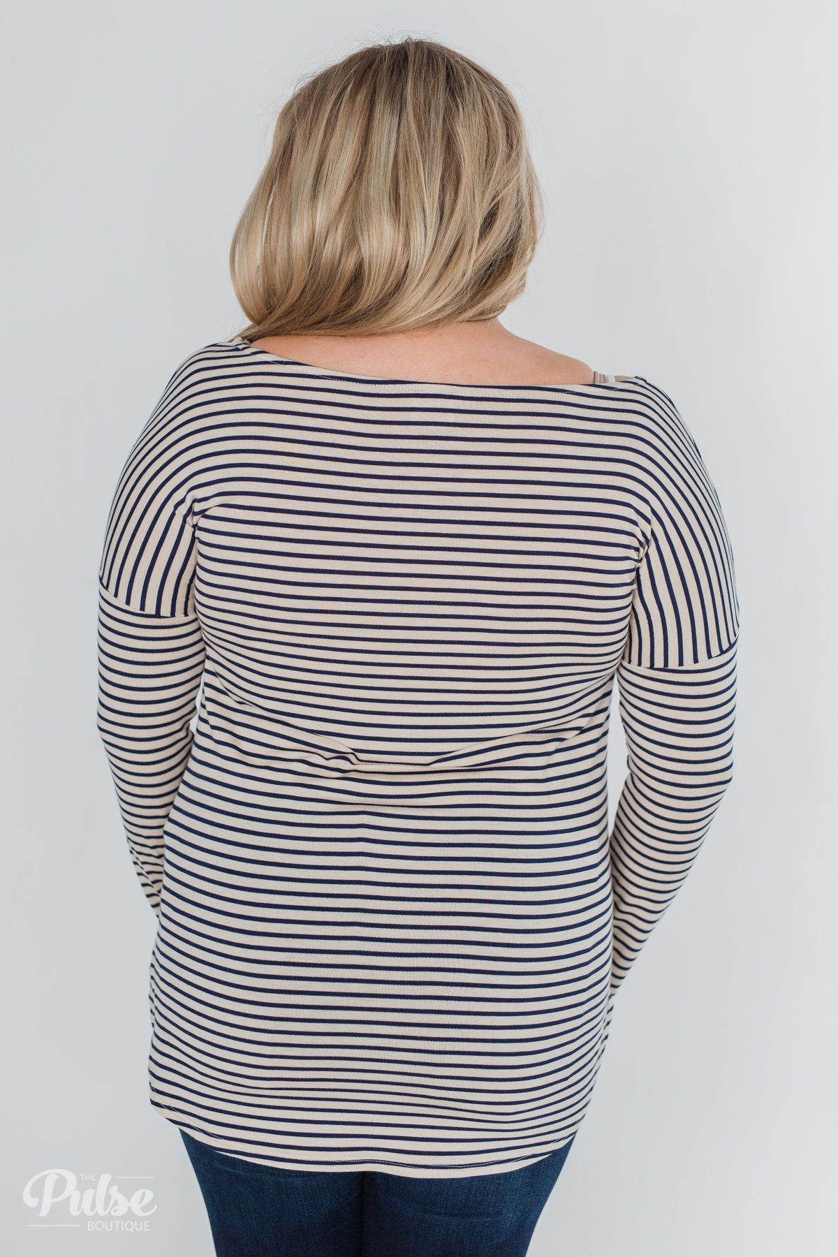 One Shoulder Dolman Striped Top- Beige & Navy