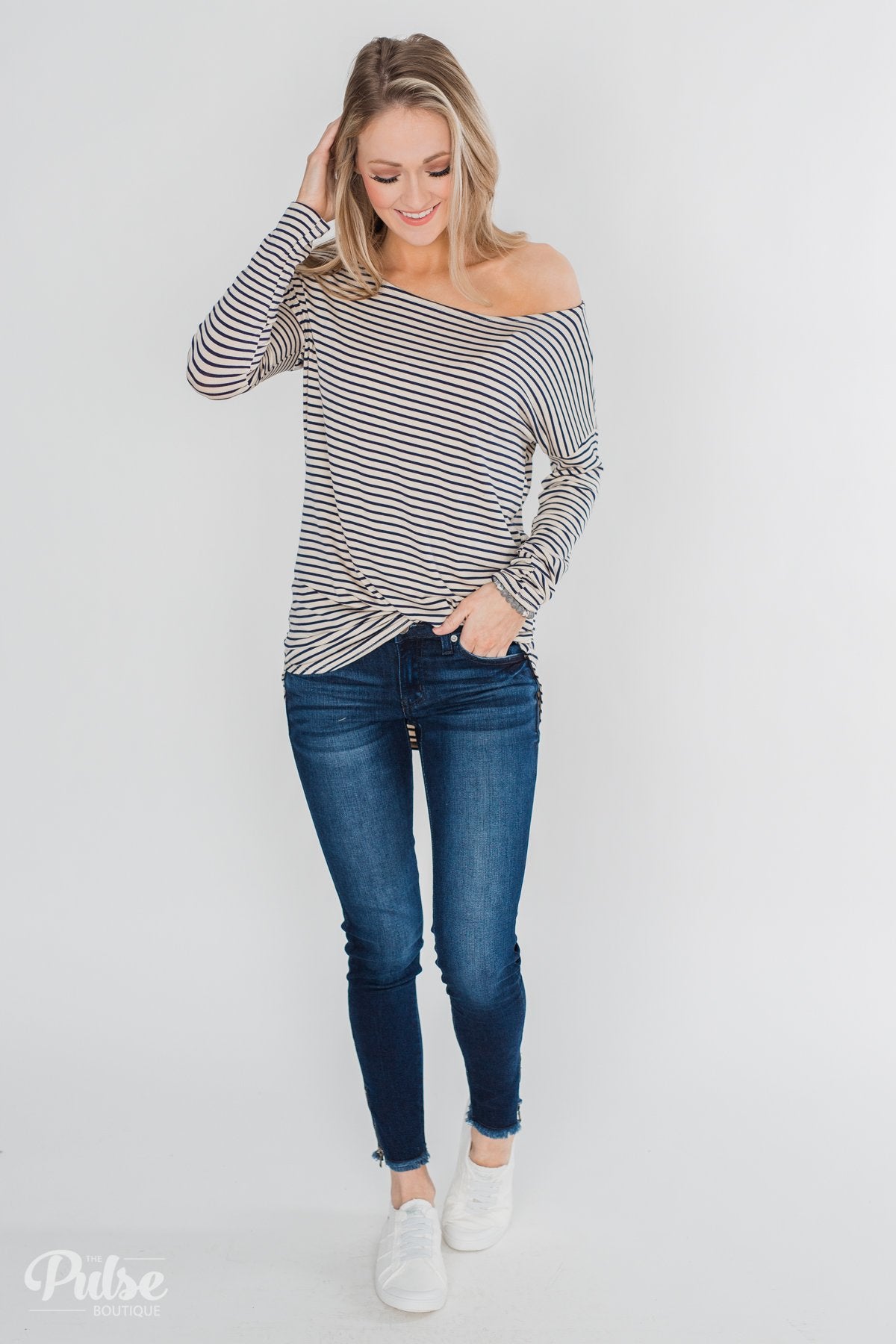 One Shoulder Dolman Striped Top- Beige & Navy