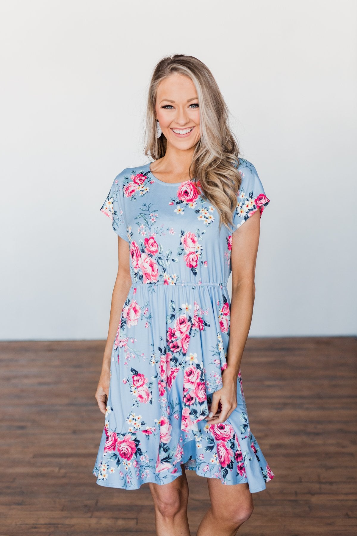 Enchanted Gardens Floral & Ruffle Dress- Baby Blue