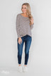 One Shoulder Dolman Striped Top- Beige & Navy