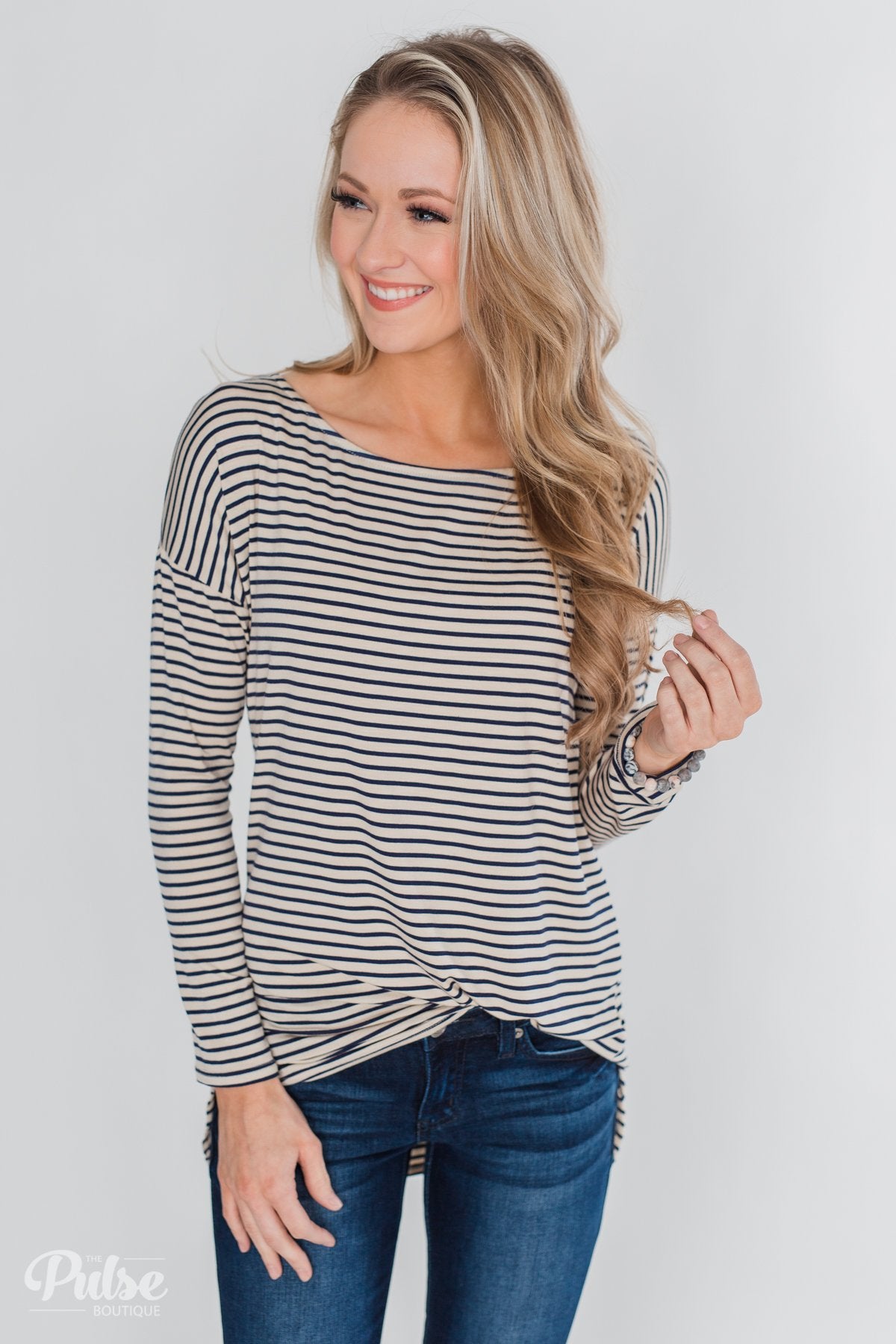 One Shoulder Dolman Striped Top- Beige & Navy