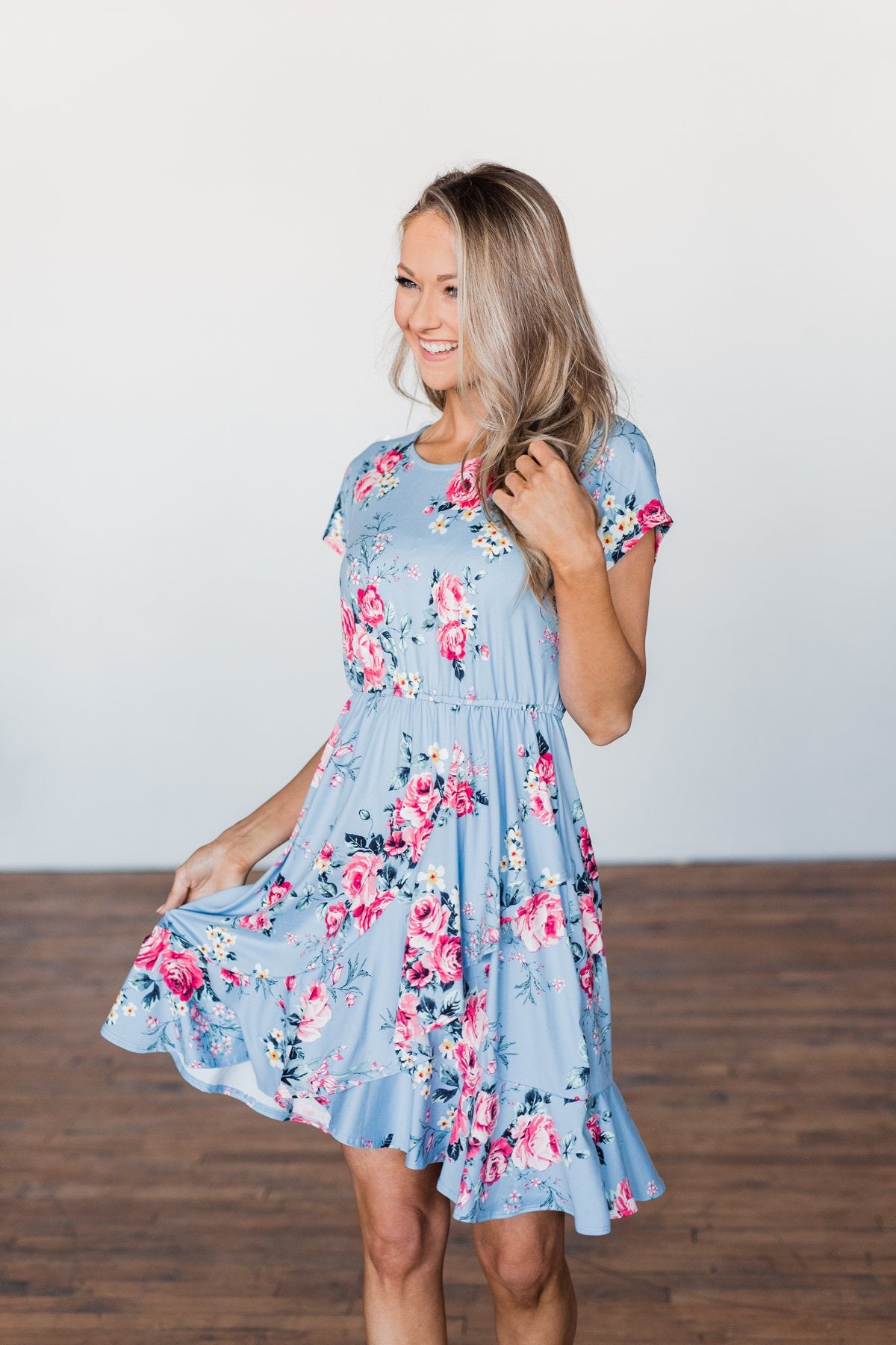 Enchanted Gardens Floral & Ruffle Dress- Baby Blue