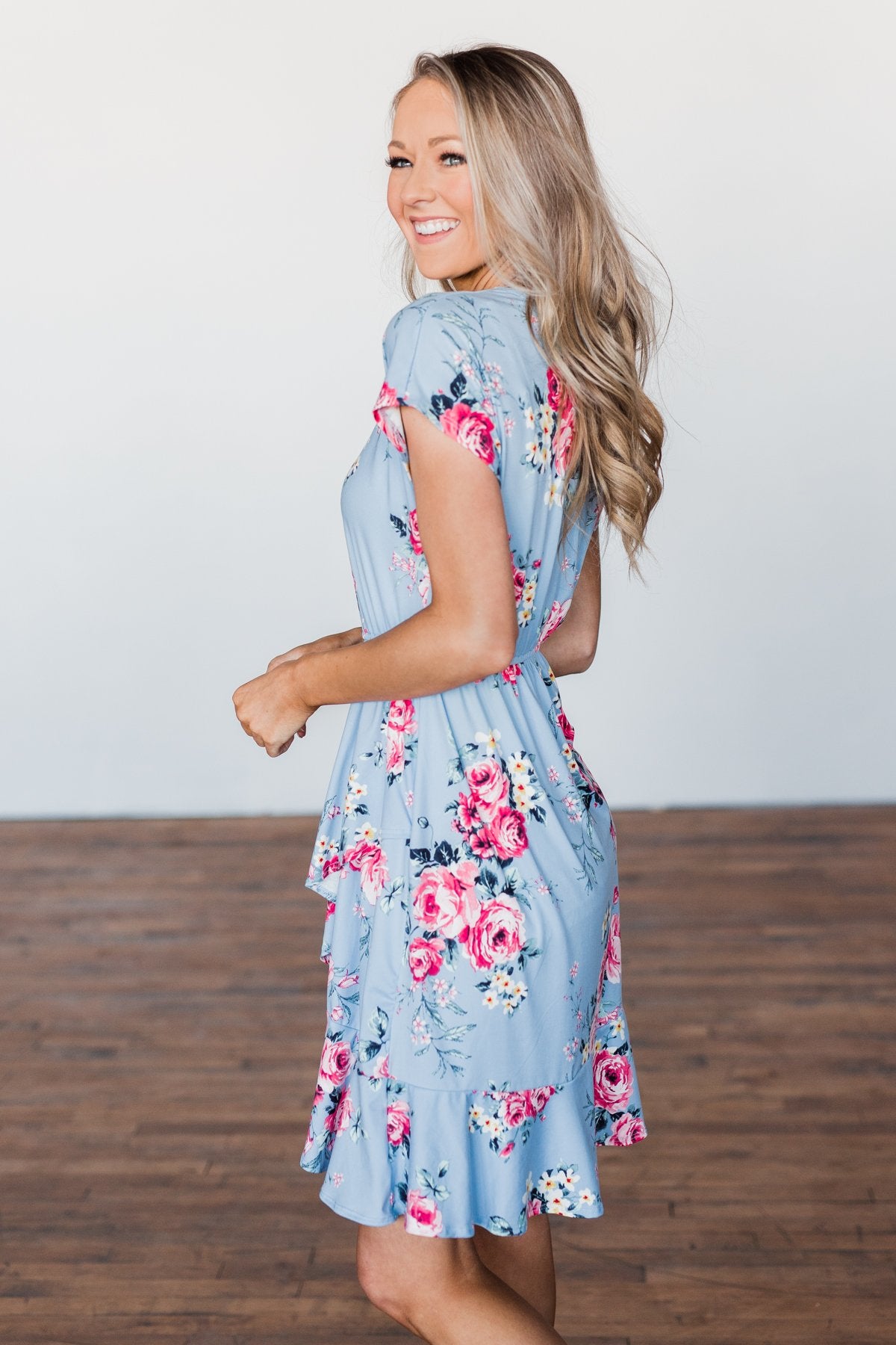 Enchanted Gardens Floral & Ruffle Dress- Baby Blue